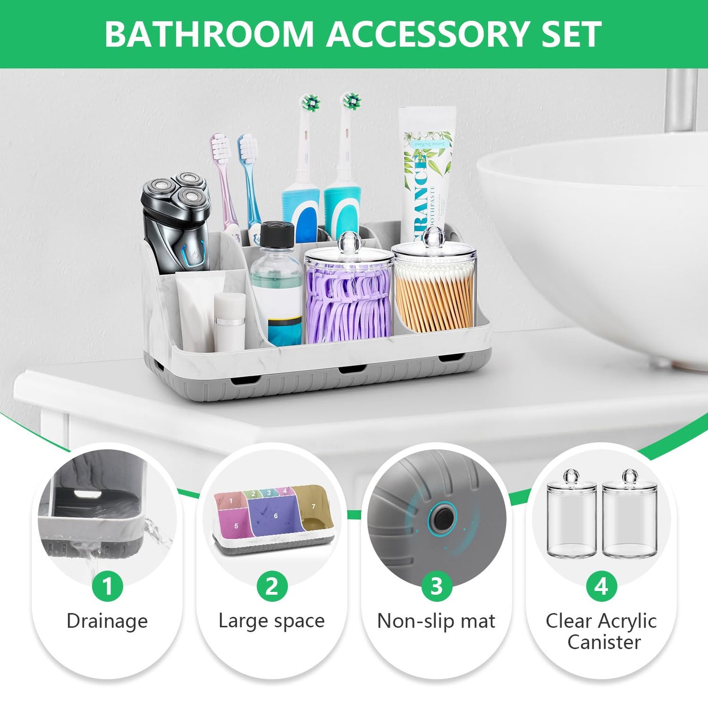 Bathroom Toothbrush Holder Set with 2 Pack Qtip Holder Dispenser - Detachable 7 Slots Bathroom Accessory Set, Kids Marble Bathroom Sink Counter Set, Bathroom Essentials Decor, Grey