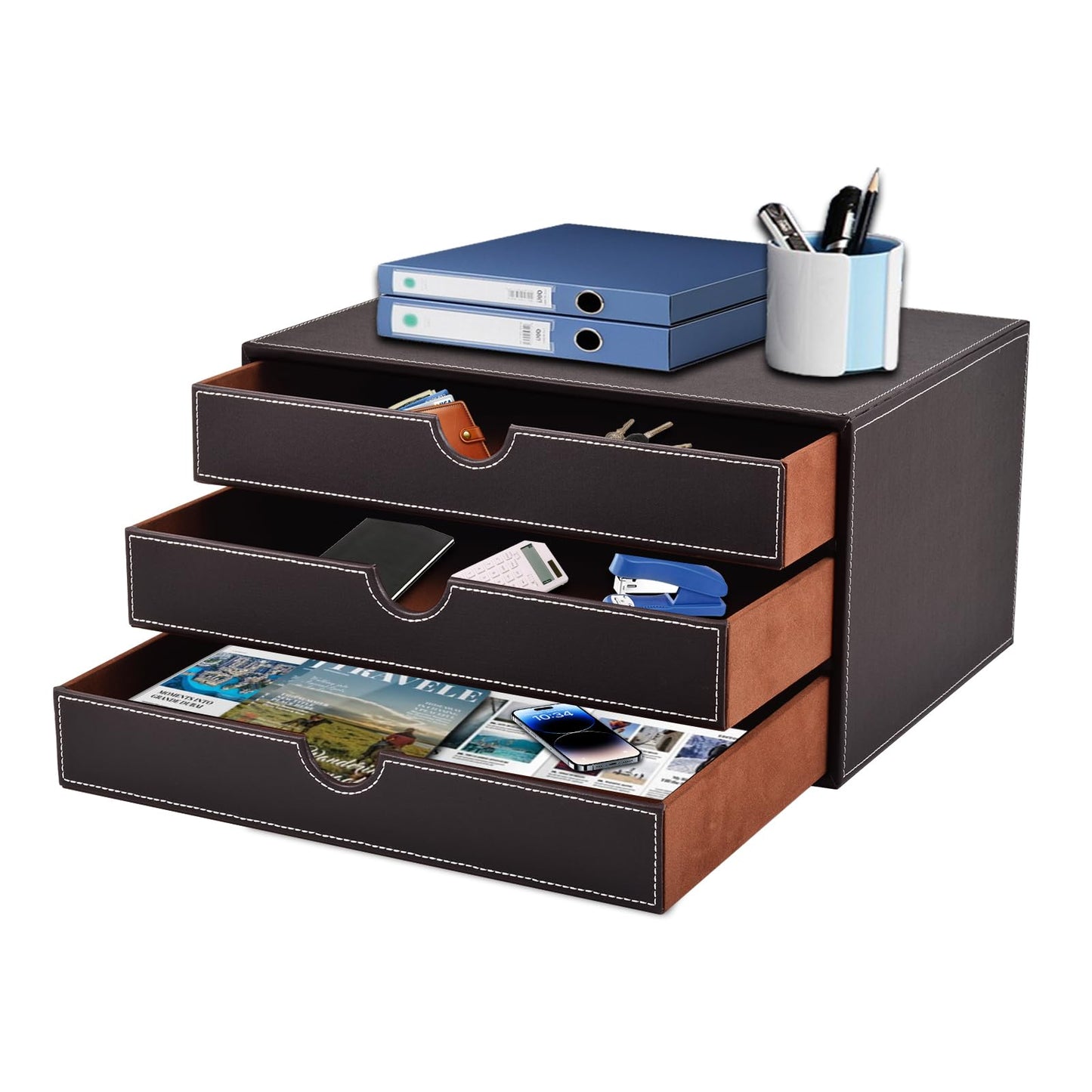 Faux Leather Desk Organizer with3 Drawers Executive Office Supplies Desktop Filing A4 File Cabinet/Holder,Stackable Storage Box for Jewelry/Bill/Paper/Documents/Makeup Home Decor Accessories(Brown)