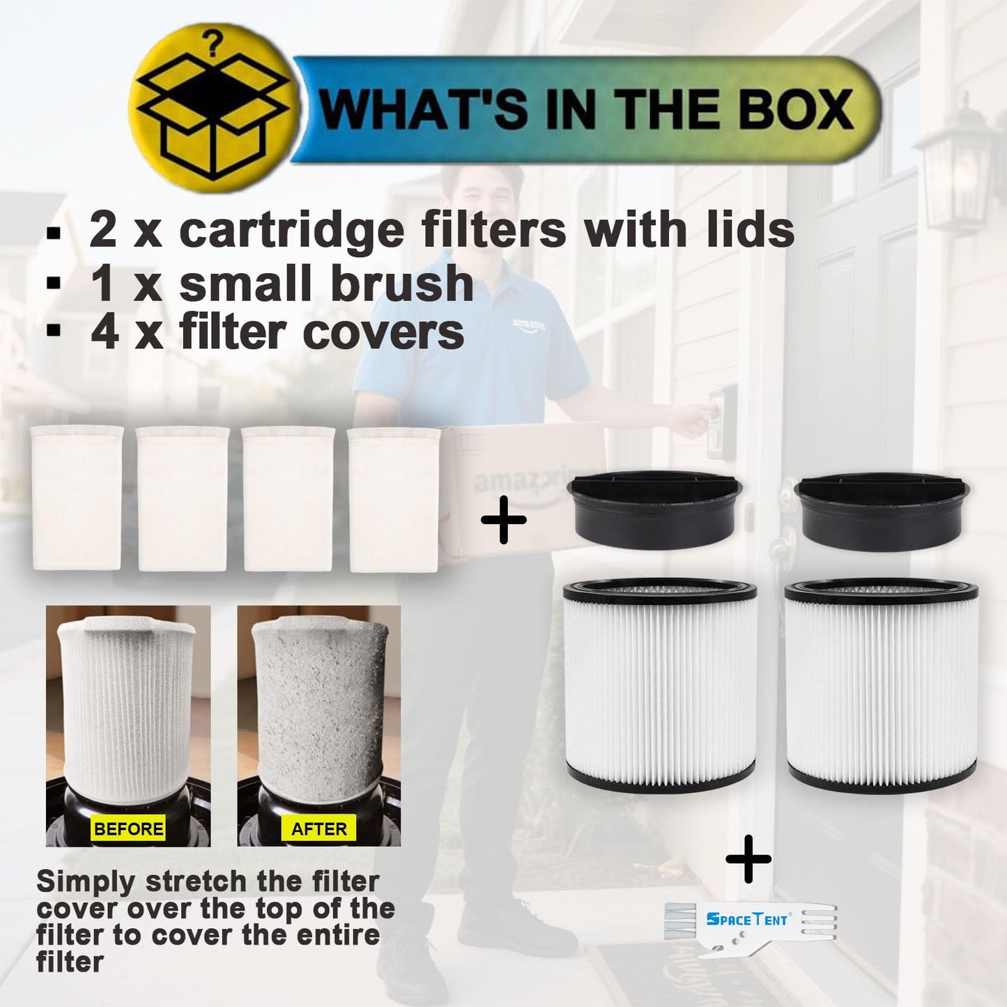 2 Pack 08-2566B Cartridge Filter with Lids, compatible with Stanley Most 5-18 Gallon Wet/Dry Vacuum models# SL18115 SL18115P SL18116 SL18116P SL18191P SL18199P SL18117 SL18701P-10A SL18410P-5A