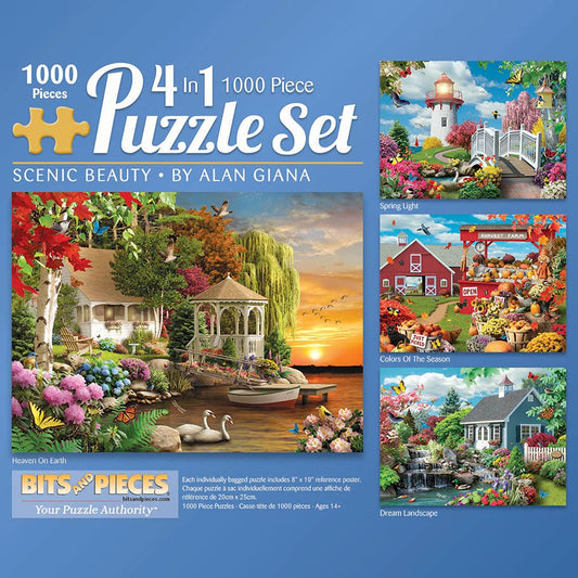 Bits and Pieces - 4-in-1 Multi-Pack - 1000 Piece Jigsaw Puzzles for Adults-Each Measures 20" x 27" (51x 69cm)-Scenic Beauty by Artist Alan Giana