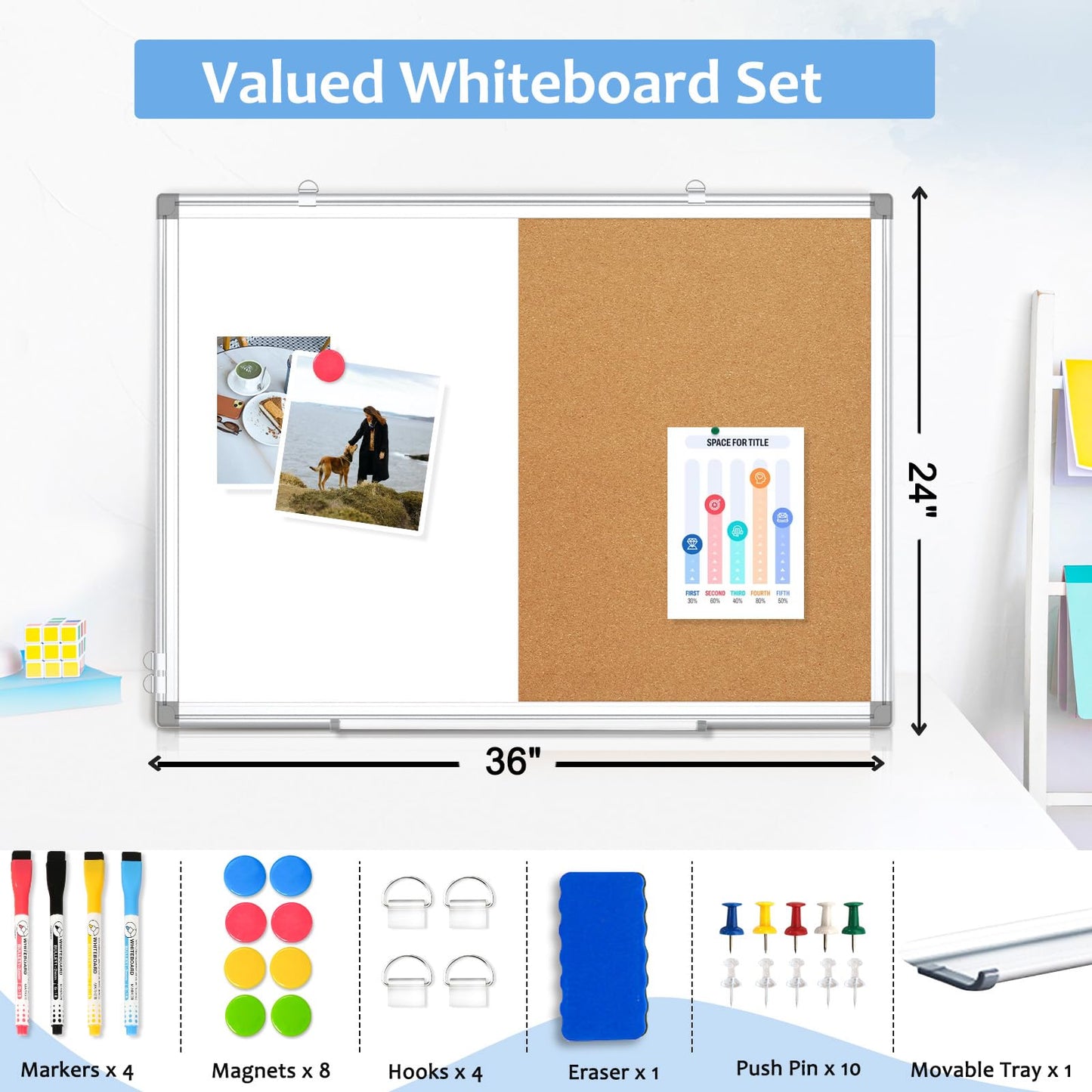 AMUSIGHT Double-Sided Combination Magnetic White Board & Cork Board, 36" x 24" Dry Erase Board & Cork Board Combo for Wall, Hanging Whiteboard for Planning, Kitchen, Memo, School, Home, Office