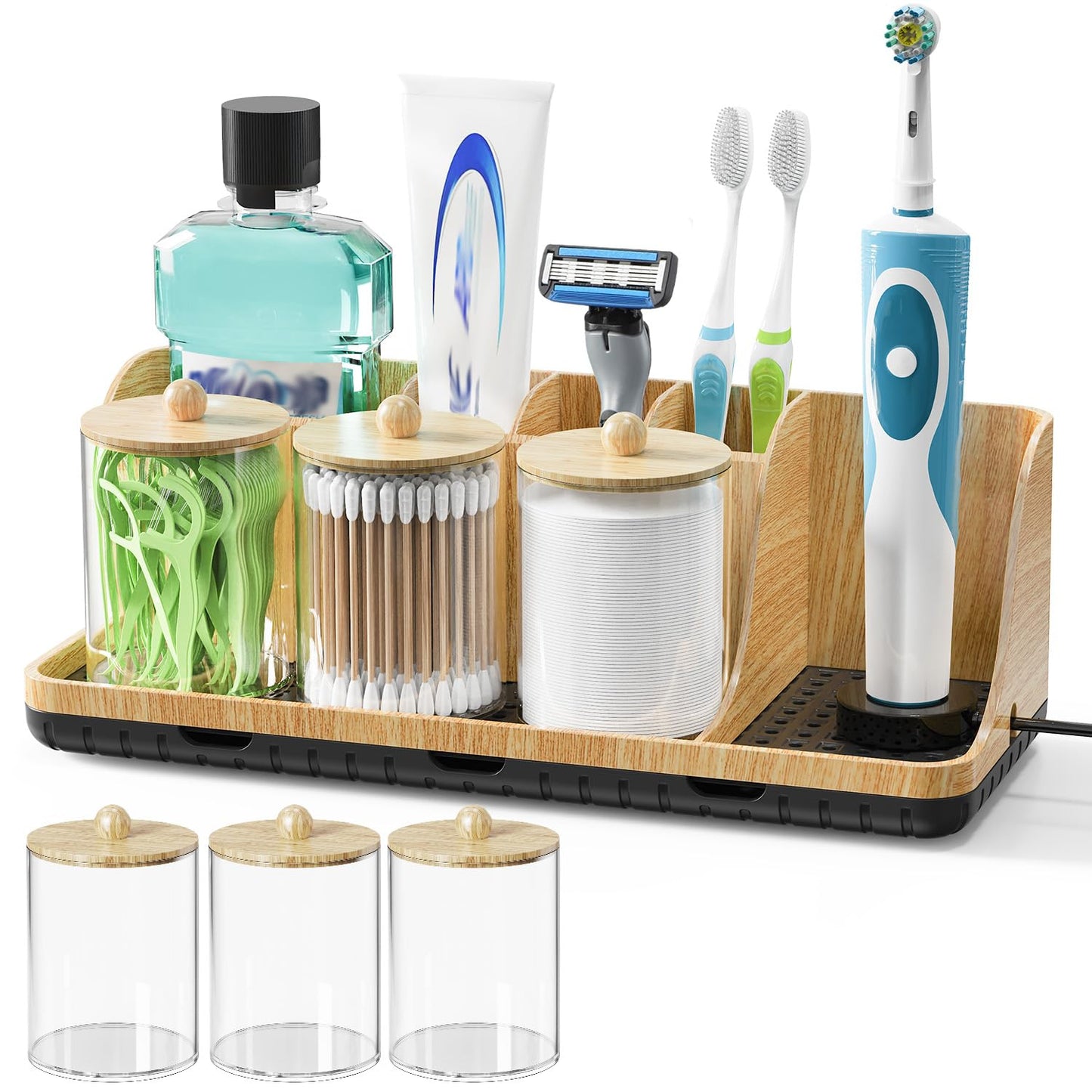 Bathroom Toothbrush Holder Set with 3 PCS Qtip Holders, Bathroom Organizer with Drainage Tray, Kids Electric Toothbrush Holder for Bathroom Countertop Caddy & Storage, Wood
