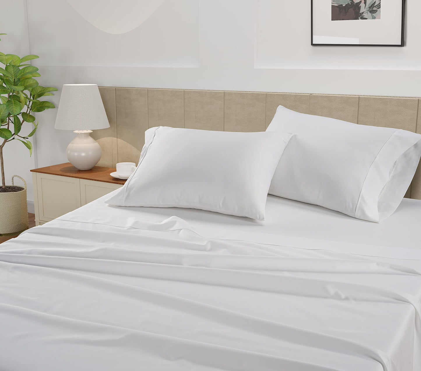 Lane Linen 100% Cotton Queen Sheet Set – 4 Piece 450 Thread Count Sateen, Soft & Cooling Bed Sheets for Queen Size Bed with Deep Pockets, Durable & Breathable White Cotton Sheets