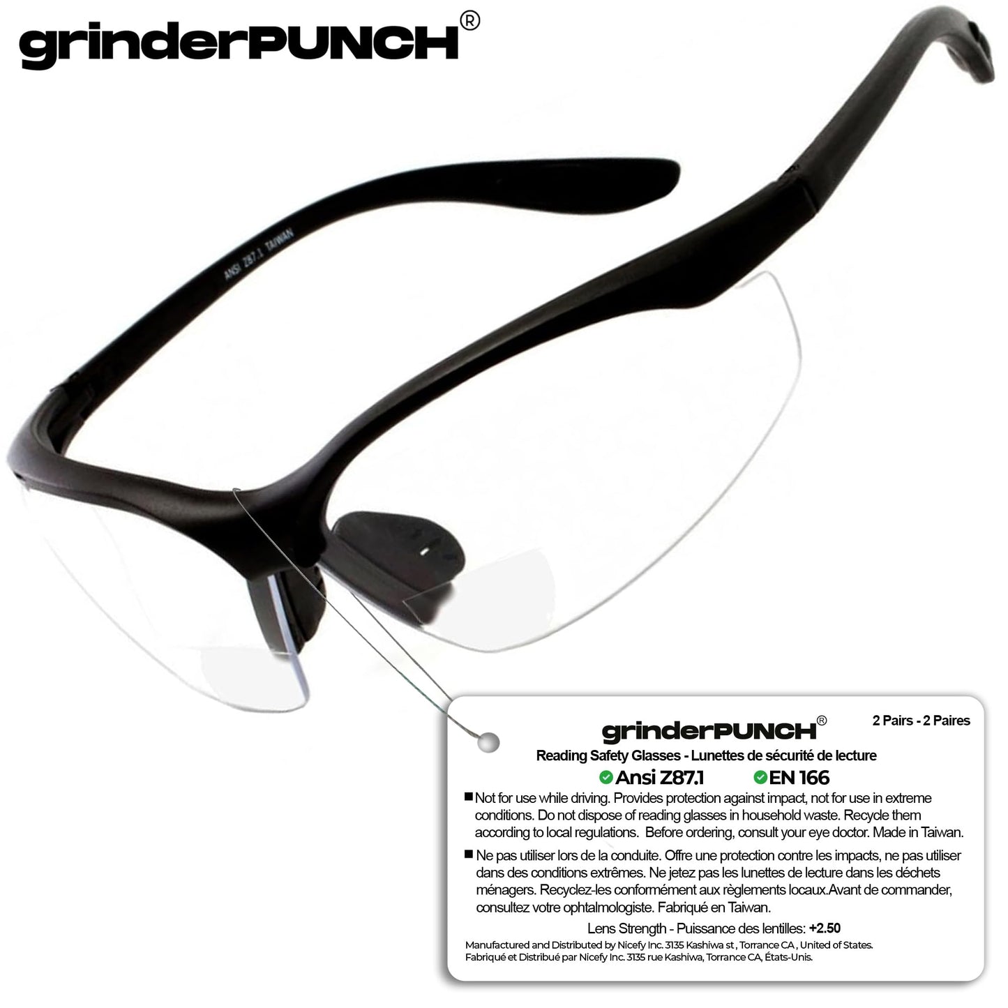 2 Pairs Bifocal Safety Glasses Clear Lens with Reading Corner - Non-Slip Rubber Grip Diopter/+2.50