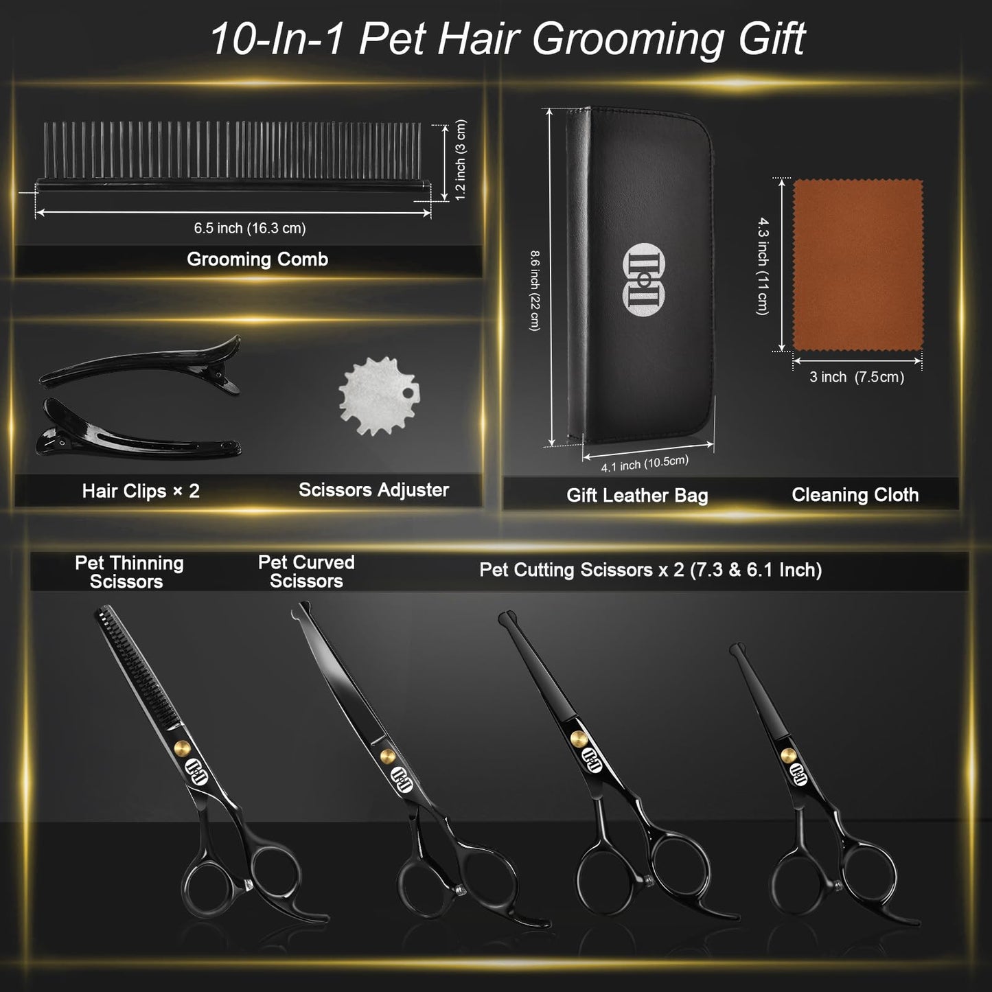 CIICII Dog Grooming Scissors Kit, 10-in-1 Professional Pet Grooming Scissors Set with Safety Round Tip (Dogs/Cat Hair Cutting Trimming Thinning Shears with Curved Scissors) for DIY Home Salon (Black)
