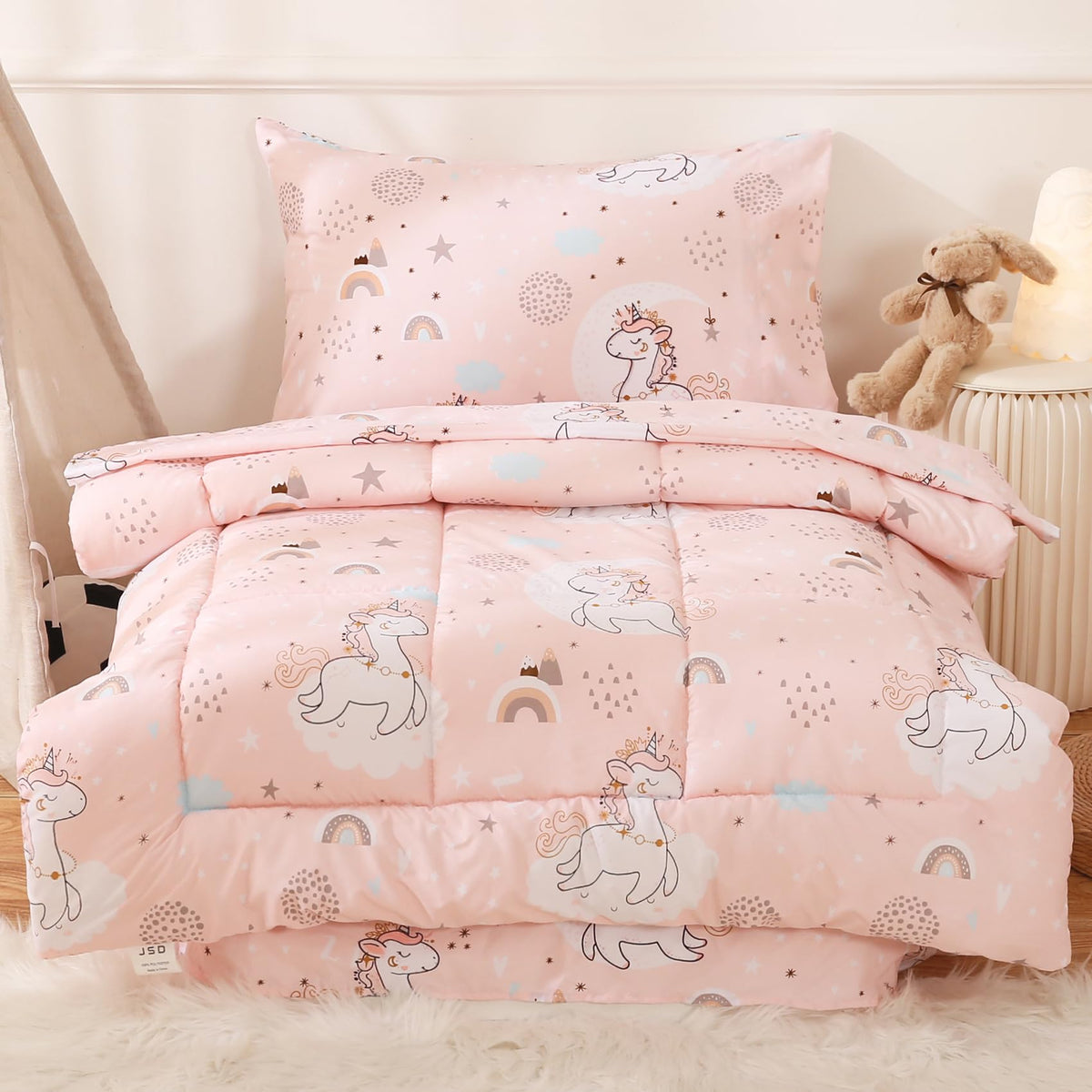 JSD Pink Unicorn 4 Piece Toddler Bedding Set, Girls Printed Microfiber Comforter Set, Includes Flat Sheet, Fitted Sheet, Quilted Comforter and Pillowcase