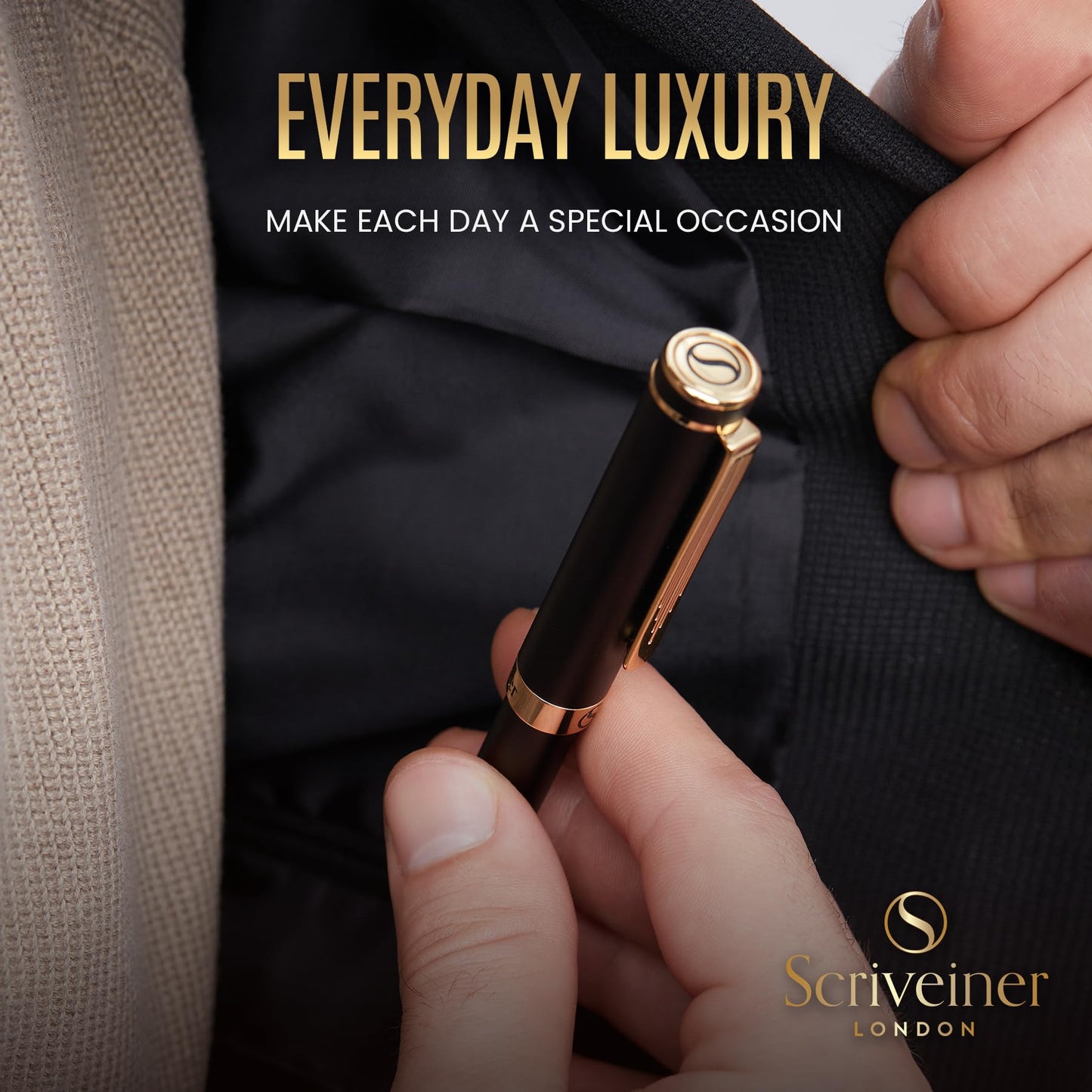 Scriveiner Black Rollerball EDC Luxury Pen, Stunning Pocket Pen, Real Gold Plating, Cool Writing Pen, Best Pen Gift for Men, Women, German Schmidt Refill, Nice Present, Fancy Office Designer Pen Set
