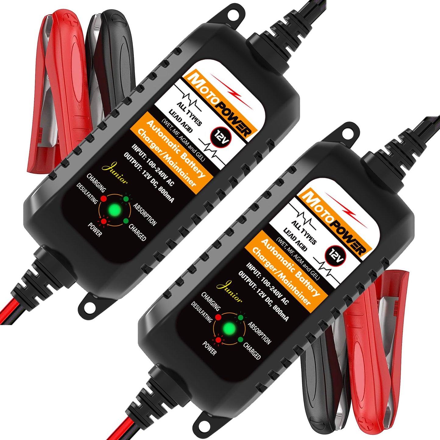 MOTOPOWER MP00205A 12V 800mA Fully Automatic Battery Charger/Maintainer for Cars, Motorcycles, ATVs, RVs, Powersports, Boat and More. 2-Pack
