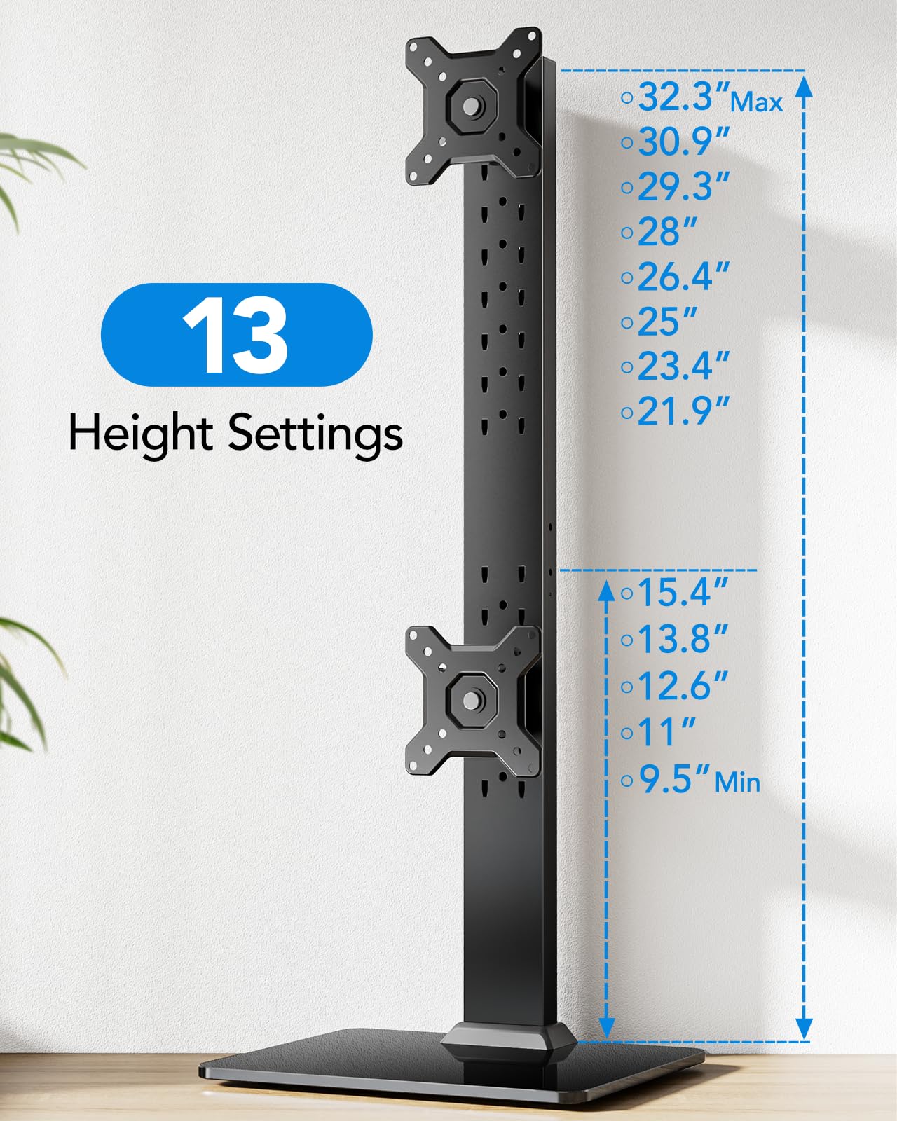 HUANUO Advanced Dual Monitor Stand with Tempered Glass Base - Vertical Mount for 13-34" Screens (44 lbs Each). Engineered Stability for Working, Gaming. Swivel, 360° Rotation & 13 Height Adjustments.
