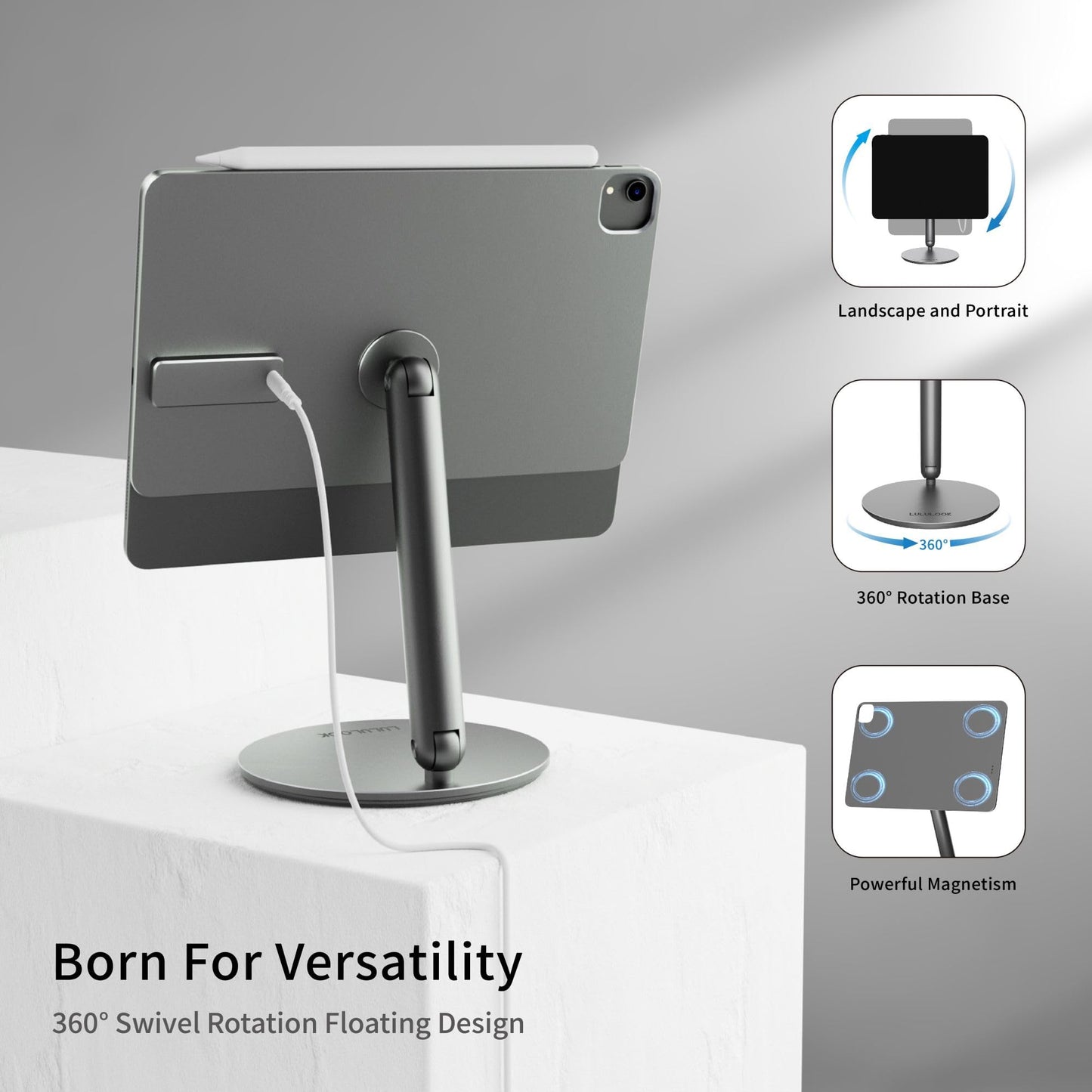 [Upgeade] LULULOOK Wireless Charging Magnetic Stand for iPad Pro 6th/5th/4th/3rd/ iPad Air 11 inch M3/M2, 360°Adjustable Foldable Aluminium Tablet Stand for Home, Kitchen, Office