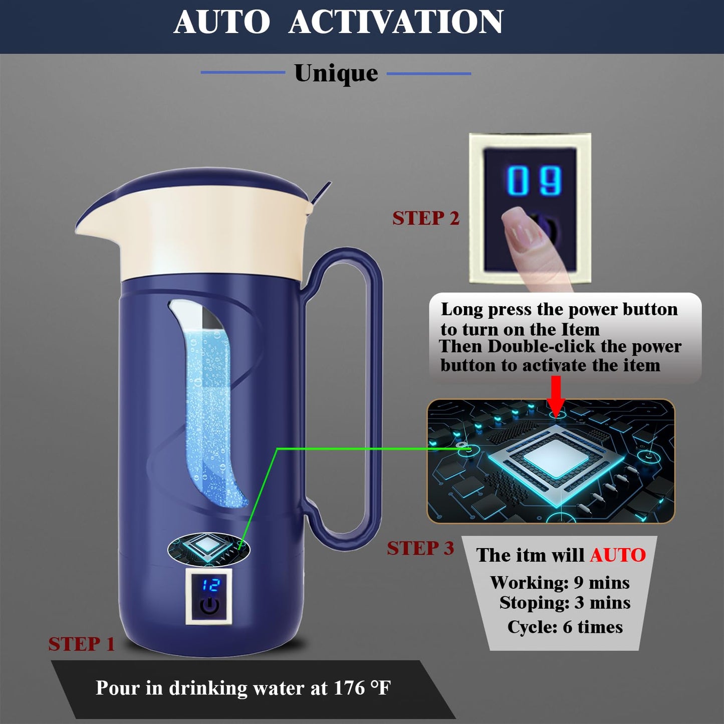 GOSOIT Hydrogen Water Bottle Ionizer Hydrogen Water Pitcher Generator Maker Machine with SPE PEM Tech(Dark Blue)