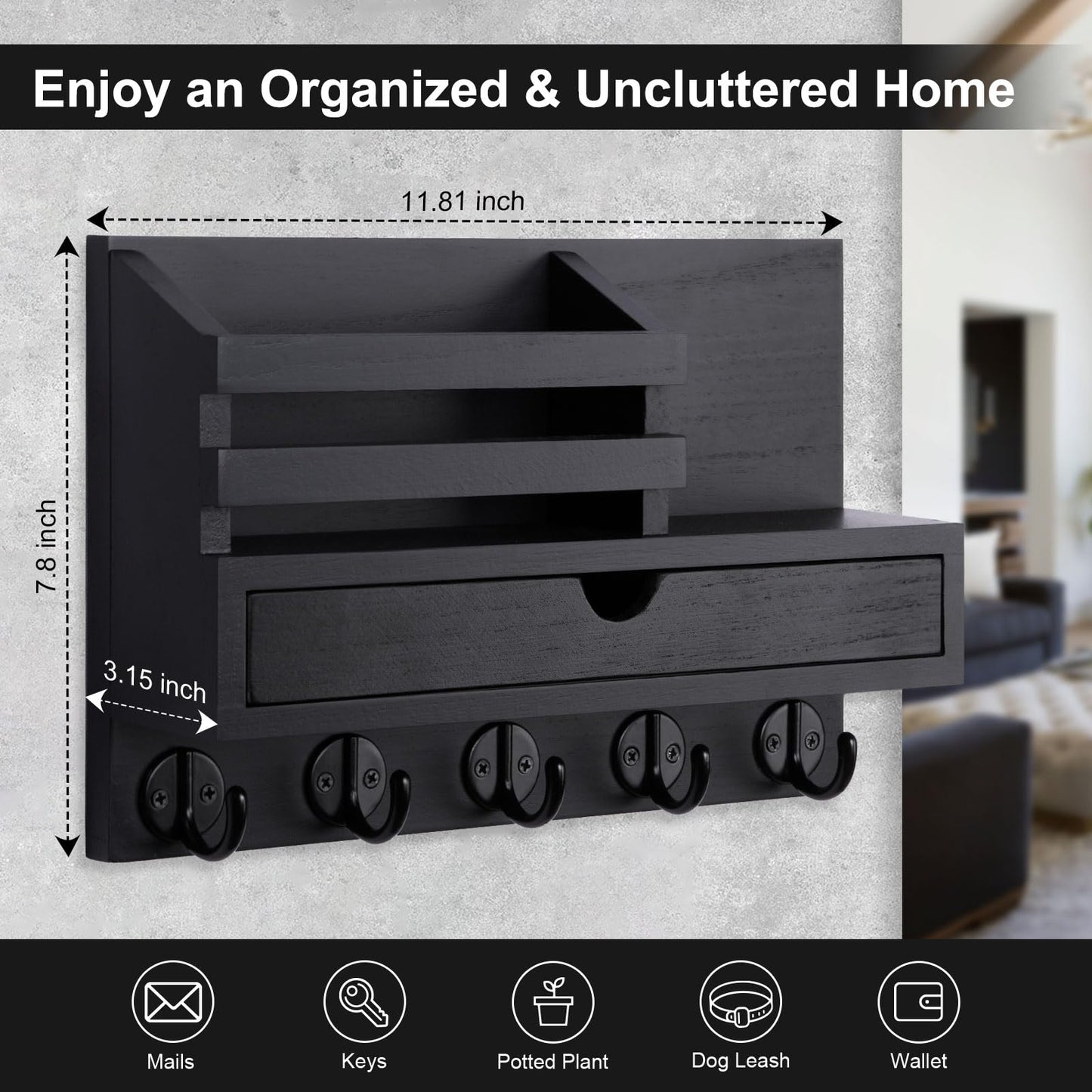 Key Holder Wall Mount, Mail Holder with Storage Drawer and 5 Key Hooks for Coat, Dog Leash, Home Decor Rack, House Accessories, Entry Way Organizer (Black)