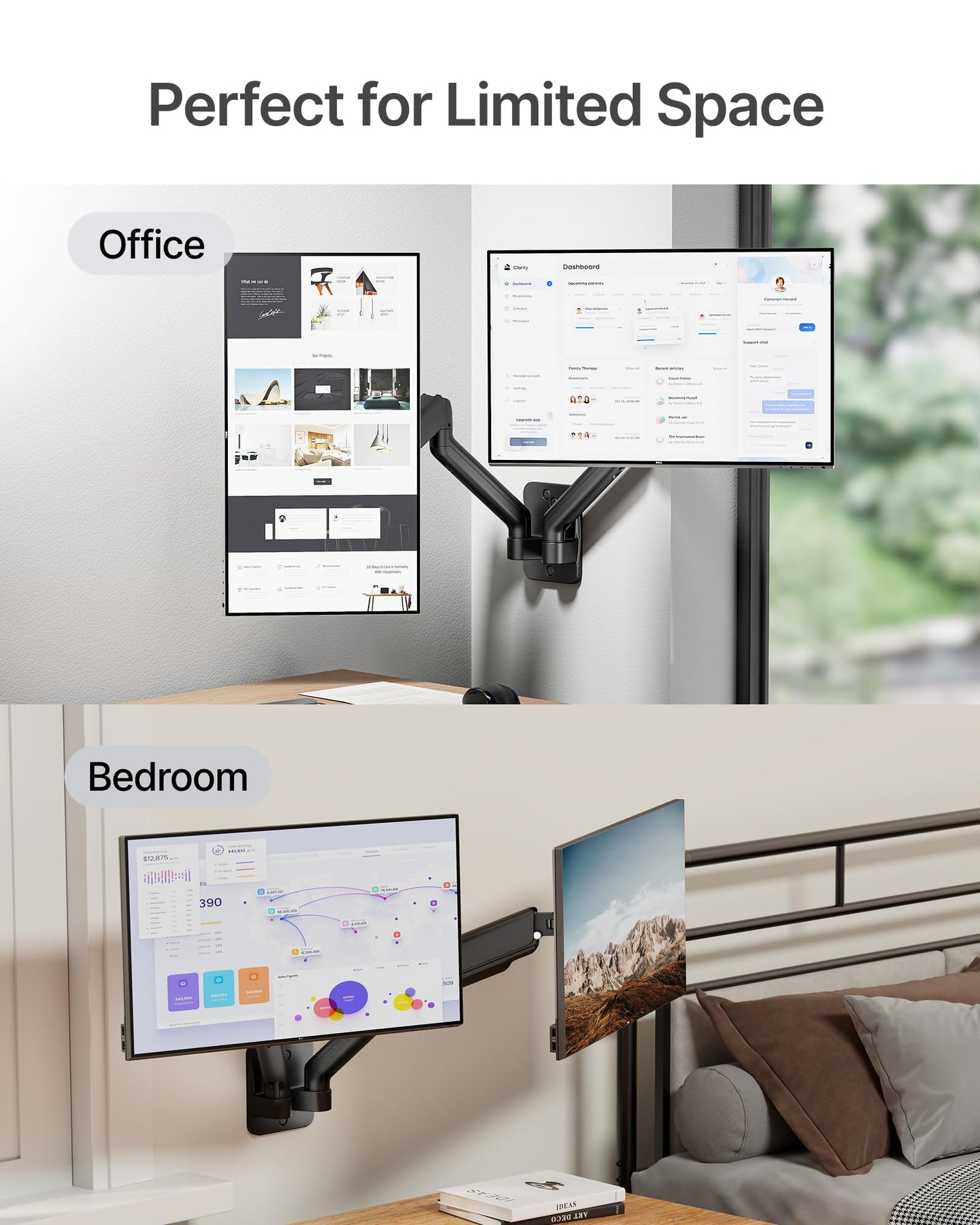 monTEK Dual Monitor Wall Mount for 17 to 32 inch Flat/Curved Screens, Each Holds to 19.8 lbs, Full Motion Adjustable Mechanical Spring Monitor Arm, 75x75/100x100 VESA Wall Mount, Black