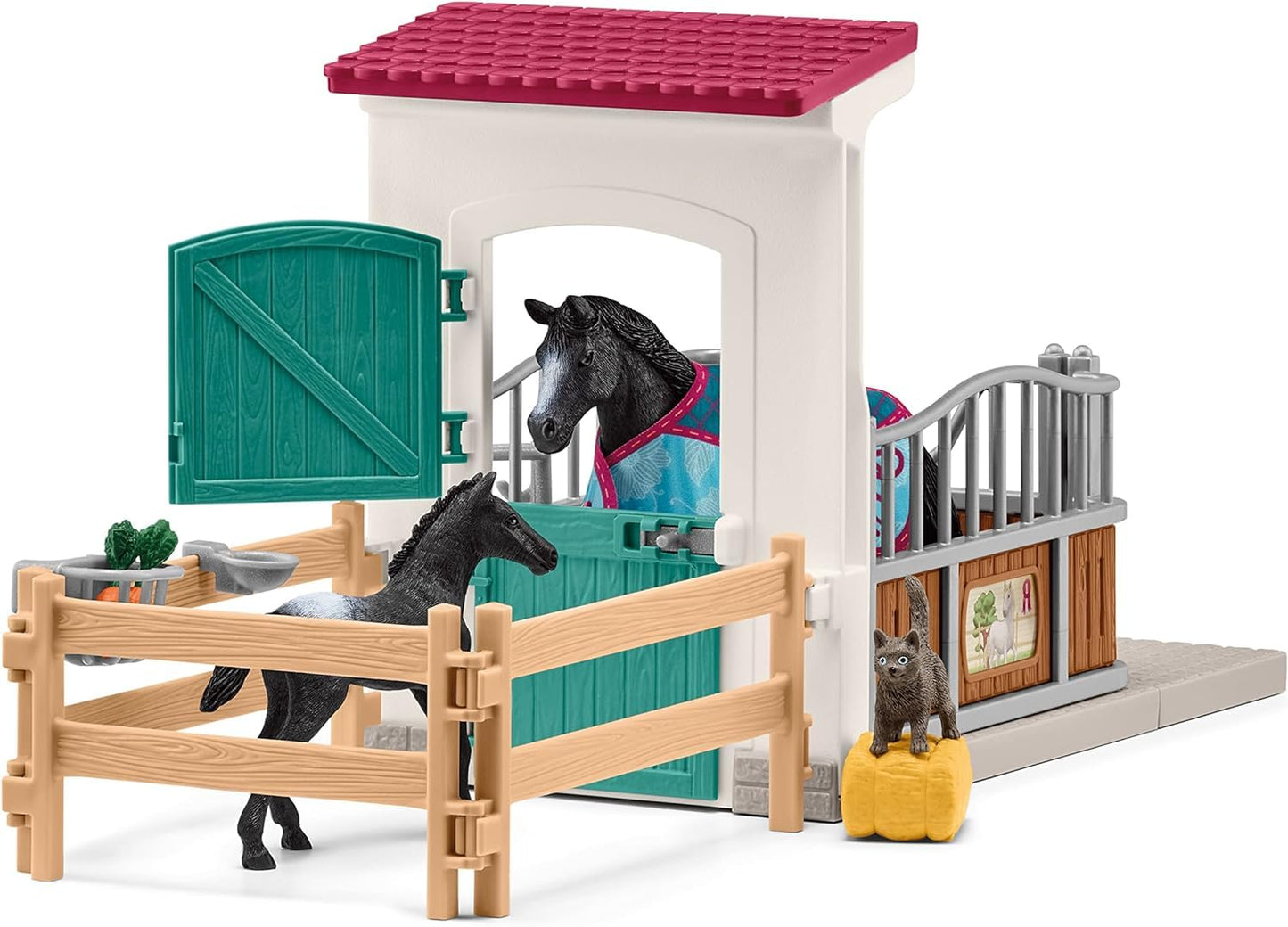 Schleich Horse Club - 34PC Stall Extension Horse Toy Playset with Mare and Foal Figure, Cat Figurine, and Accessories - Stable Set for Girls and Boys - Interactive, Realistic Kids Toys Ages 5+ - 42611
