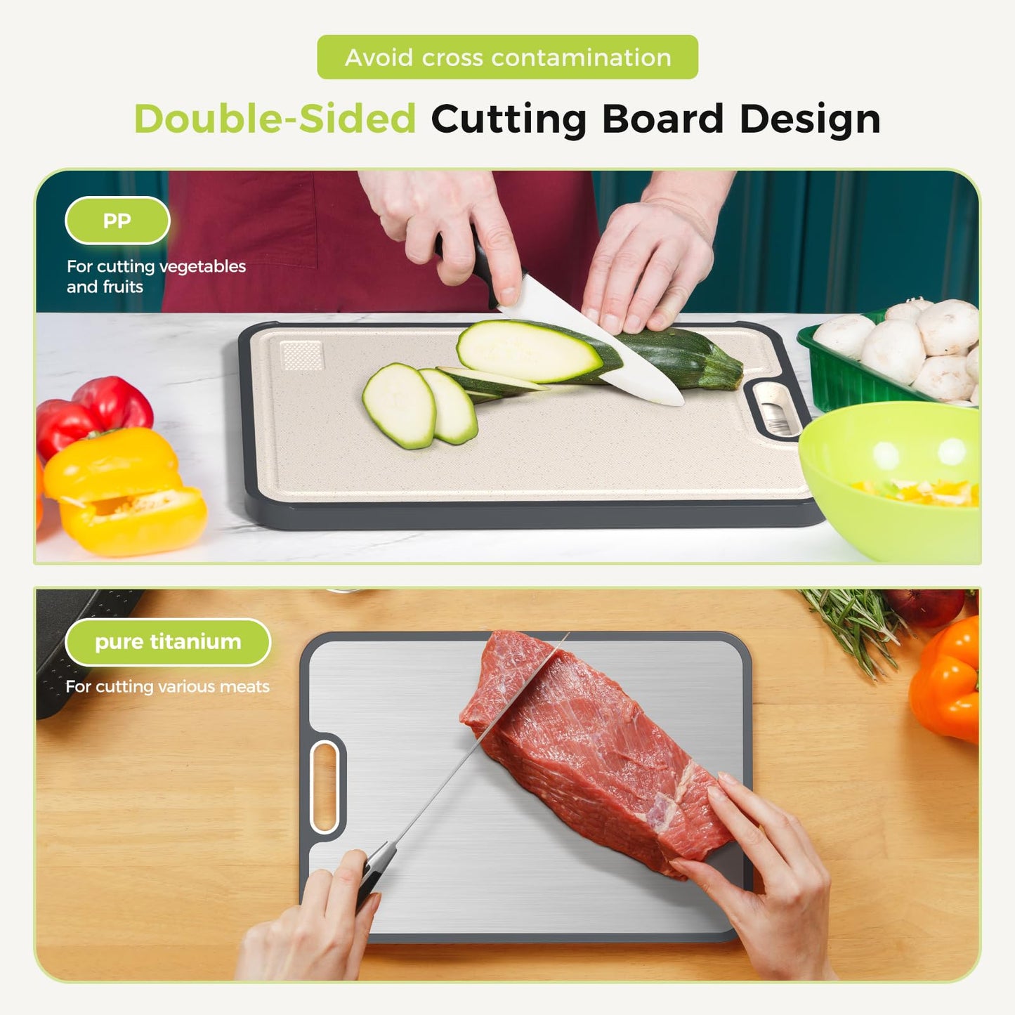 Titanium Cutting Board for Kitchen, Cutting Board Double Sided Food Grade, Pure Titanium/PP, Easy to Clean [15.5”*10.5”+12”*8.5”]