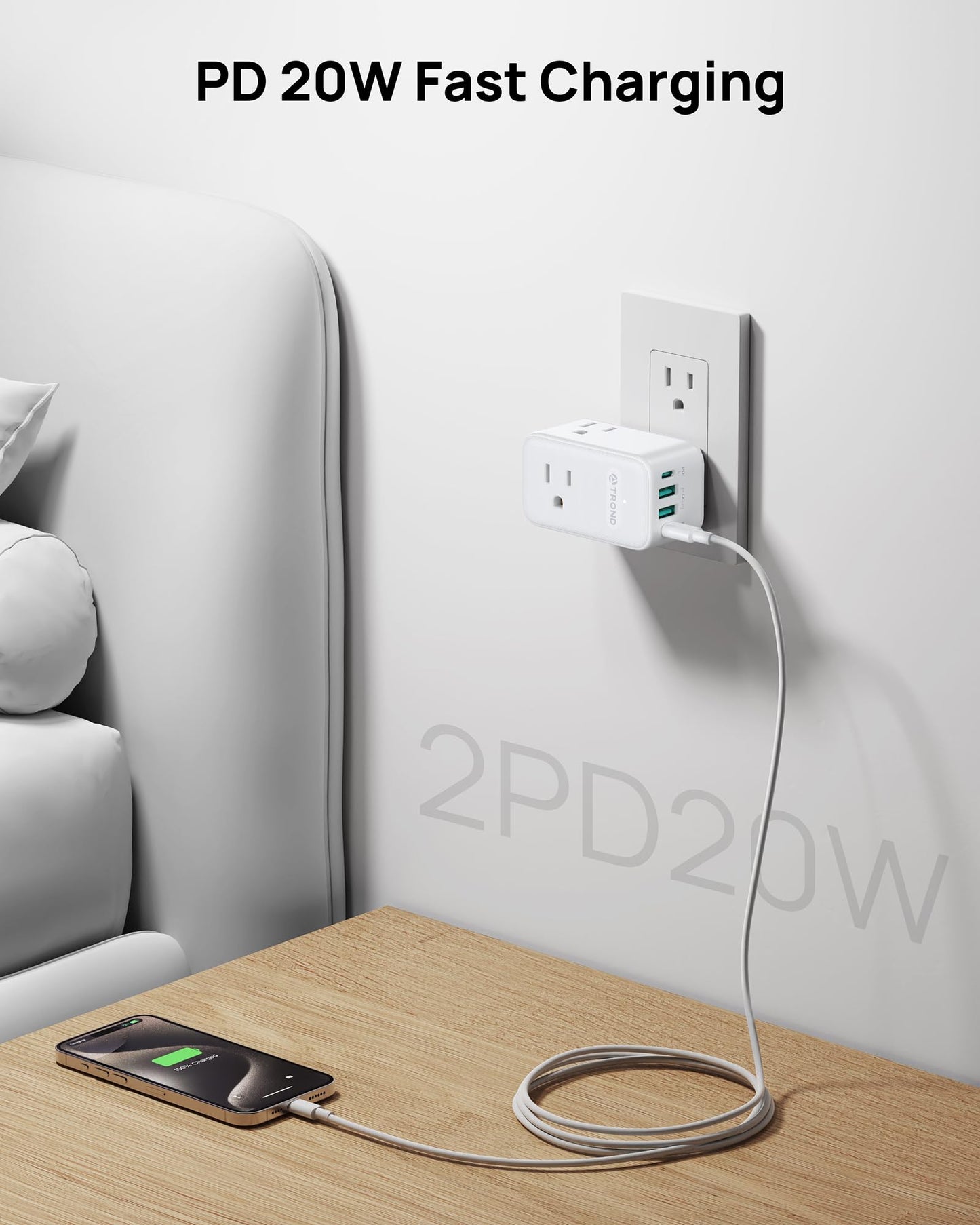 TROND 360° Rotating Multi Plug Outlet Extender, 2 PD 20W USB C Fast Charging Station, Small Power Splitter with 3 Way Sided Wall Socket Adapter for Home Office Dorm Room Cruise Travel Essentials
