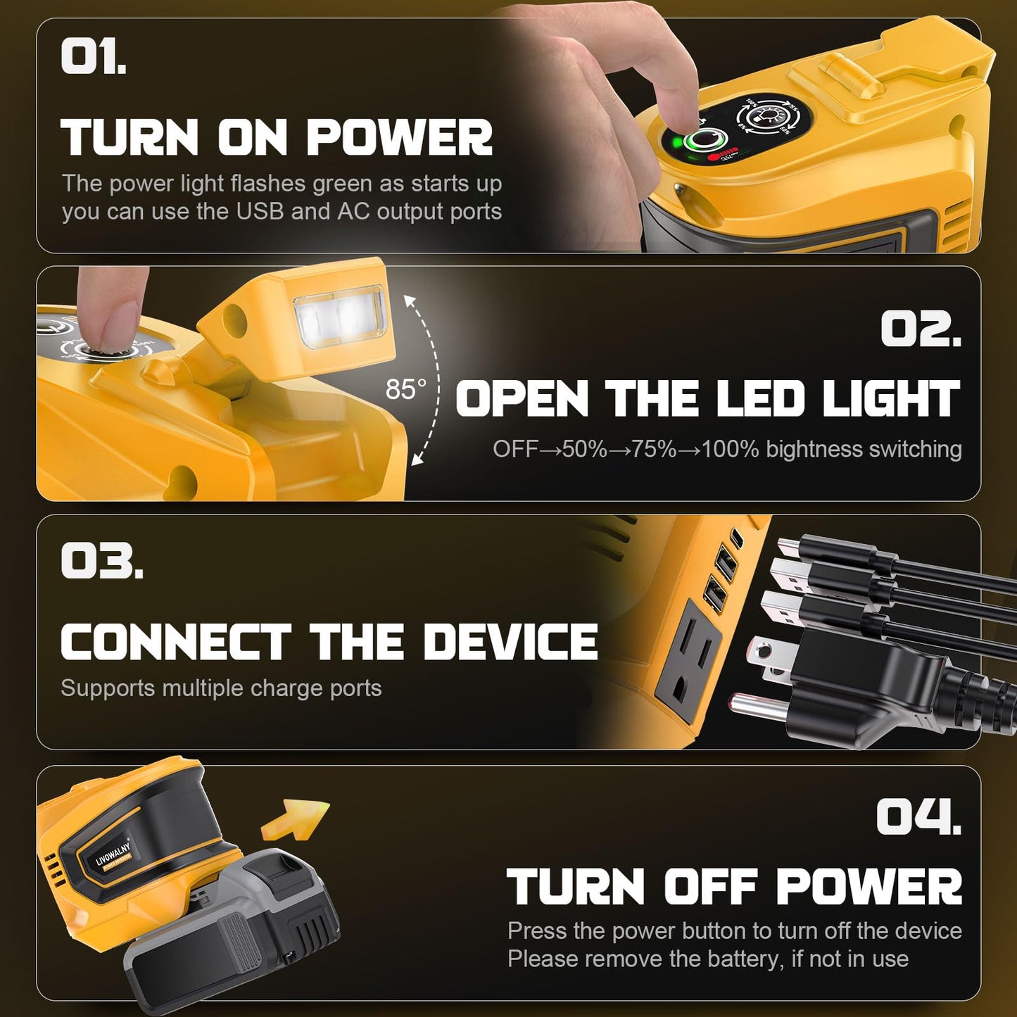 LIVOWALNY 2 Packs Power Inverter Compatible with Dewalt 20V Battery, 200W Inverter 20V to 110V-120V, Portable Adapter Charger Adapter Power Supply with 2 USB & 1 Type-C & 1 AC(No Battery)