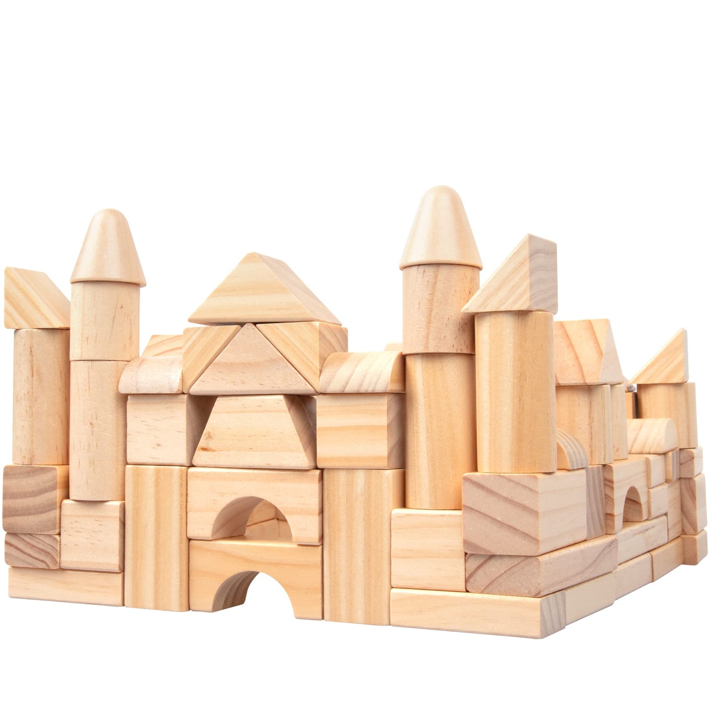 Wooden Blocks - 100 Pc Wood Building Block Set with Carrying Bag and Container (Natural Colored) - 100% Real Wood
