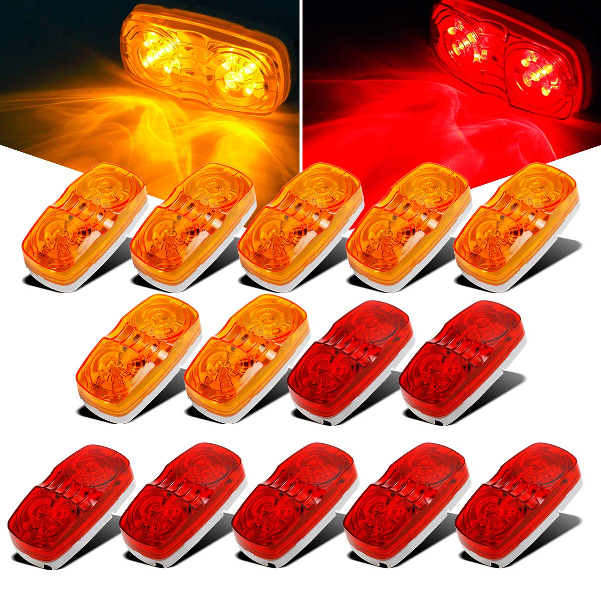 Partsam 14x Trailer Marker LED Light Double Bullseye 10 Diodes Clearance Light Red/Amber, 4x2 Tiger Eye/Double Bubble 12V Rectangular LED Side Marker Light Indicators Surface Mount RV Camper Trucks