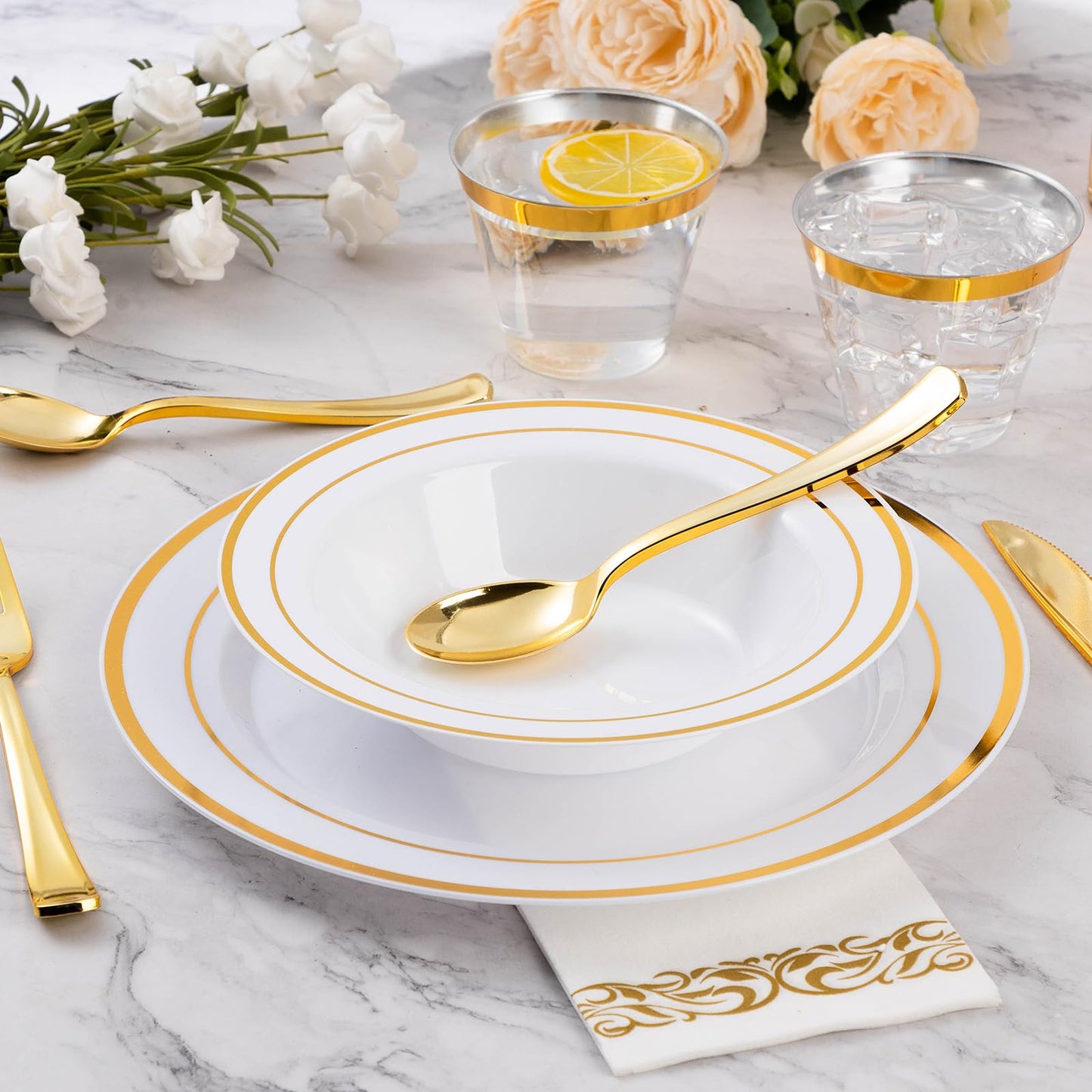 Goodluck 50 Pack Plastic Soup Bowls with Gold Rim, 12oz Disposable Soup Bowls, Heavy Duty Dessert Bowls for Weddings, Parties, Dinners, Catering, Thanksgiving and Everyday Use