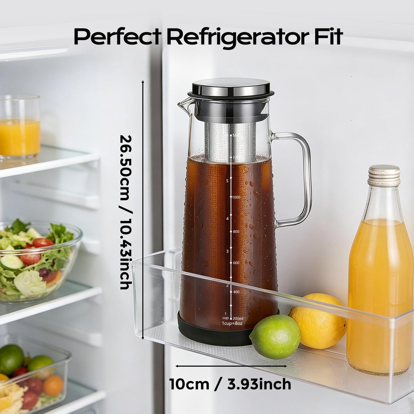 CARROTTIMES Cold Brew Coffee Maker 1.4L/48oz with Handle, Extended Stainless Steel Filter for Deep Extraction, Iced Tea Pitcher with Non-Slip Base Includes Cleaning Brush & Long Stirring Spoon