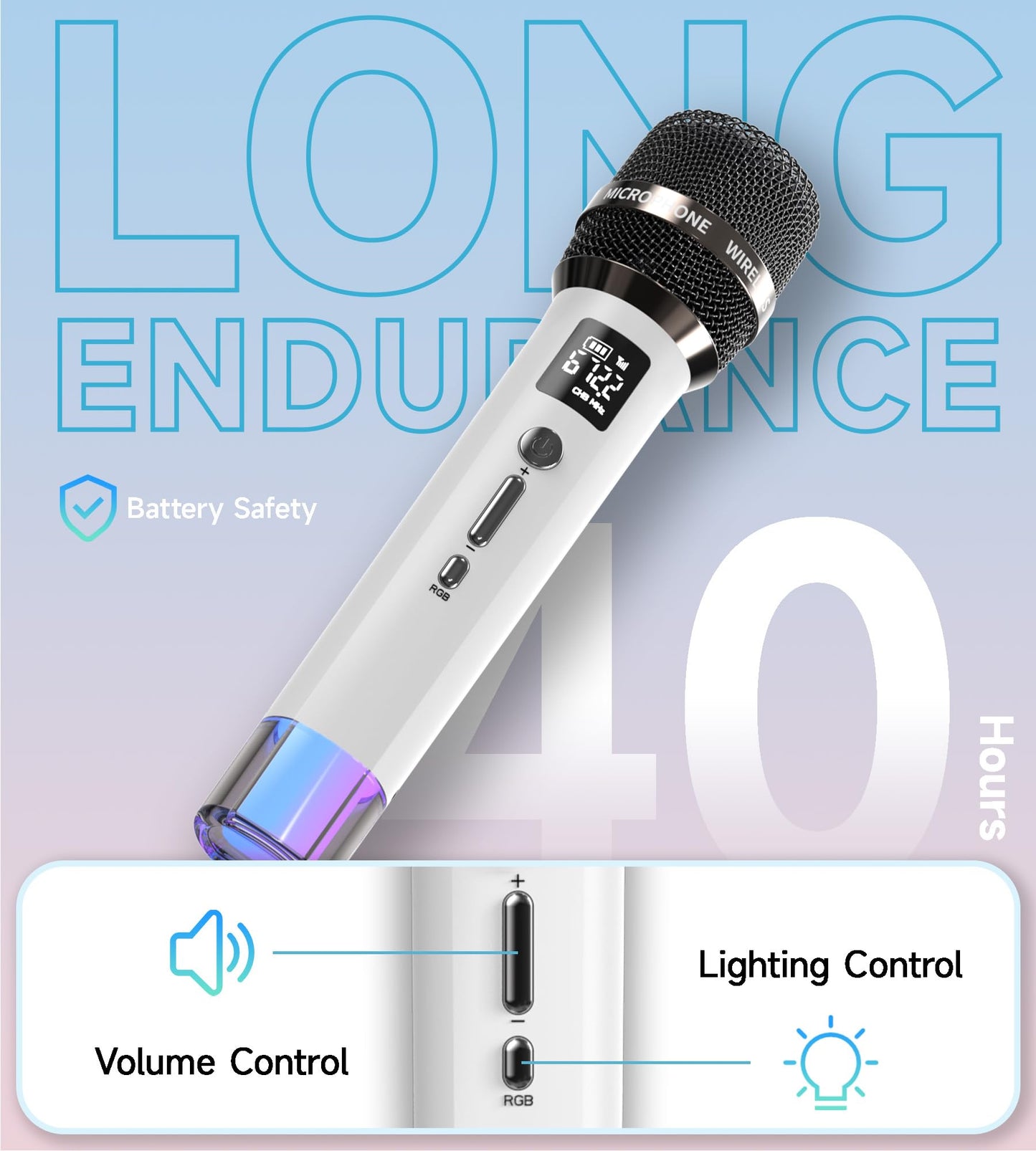 Wireless Microphones, Micorphone with One-to-One Chip Connection and LED Lights, 40H Duration, 200FT Range Receiving, Volume Control Karaoke Micorphone for Singing, Speech, Home Party (White)