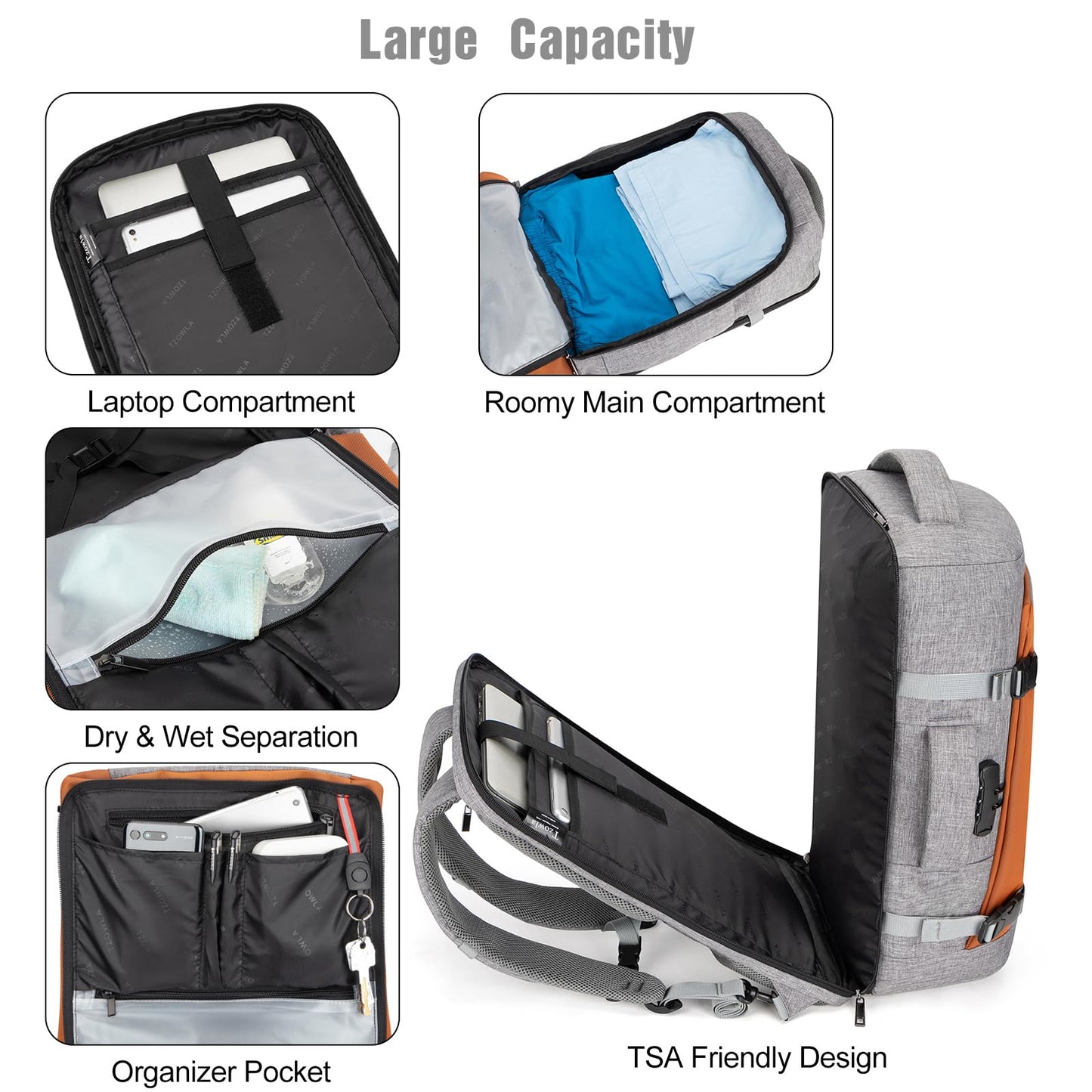 Tzowla 40L Expandable Travel Laptop Backpack for Men Women Carry on Flight Approved,Large Capacity Anti Theft Backpacks with USB/Type C Charging Port,Personal Item Bag Fit 17.3"Computer（Grey)