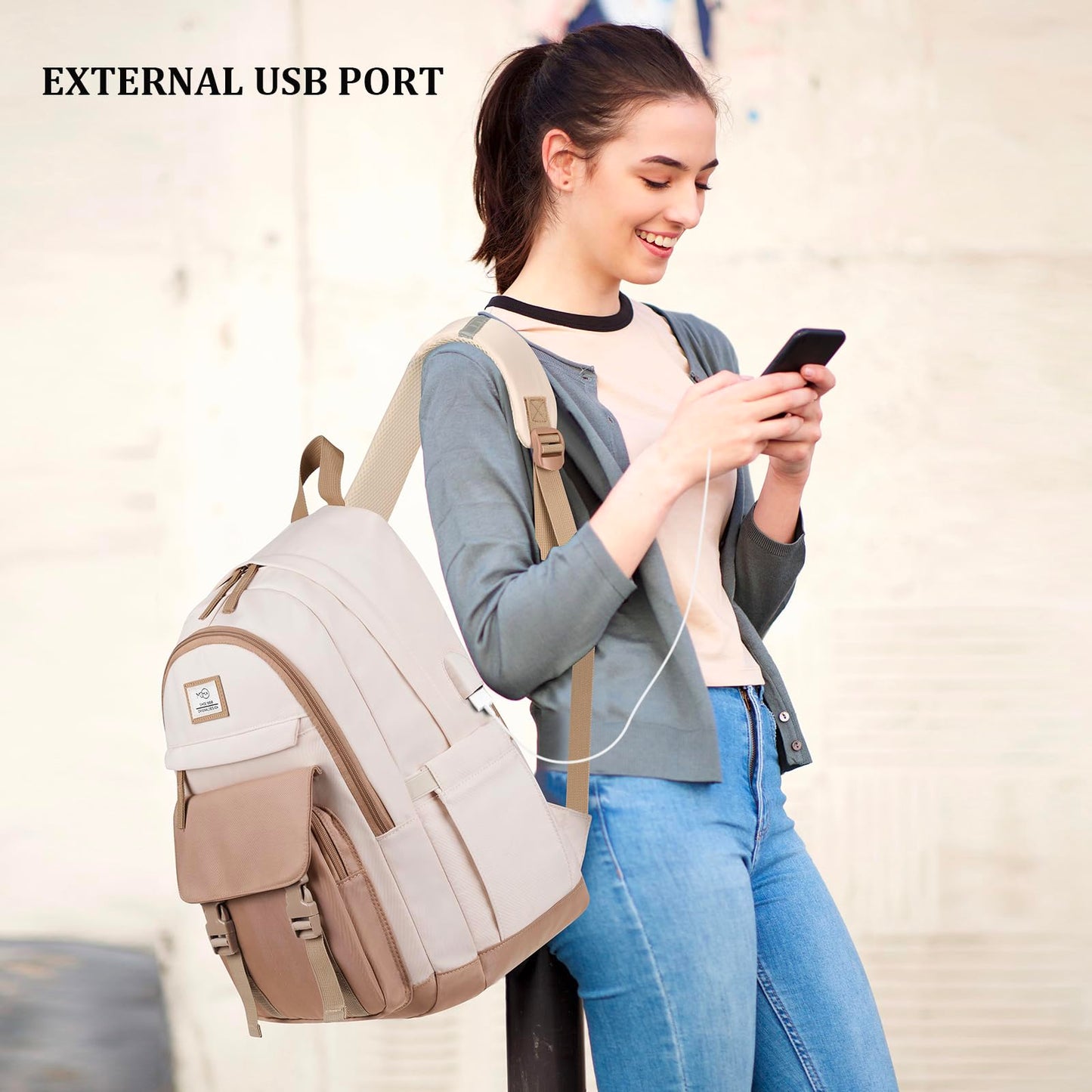 MOMUVO Backpacks for Teen Girls Women,15.6 Inch Laptop School Backpack Cute College Backpack Bookbag for Students,Beige Khaki