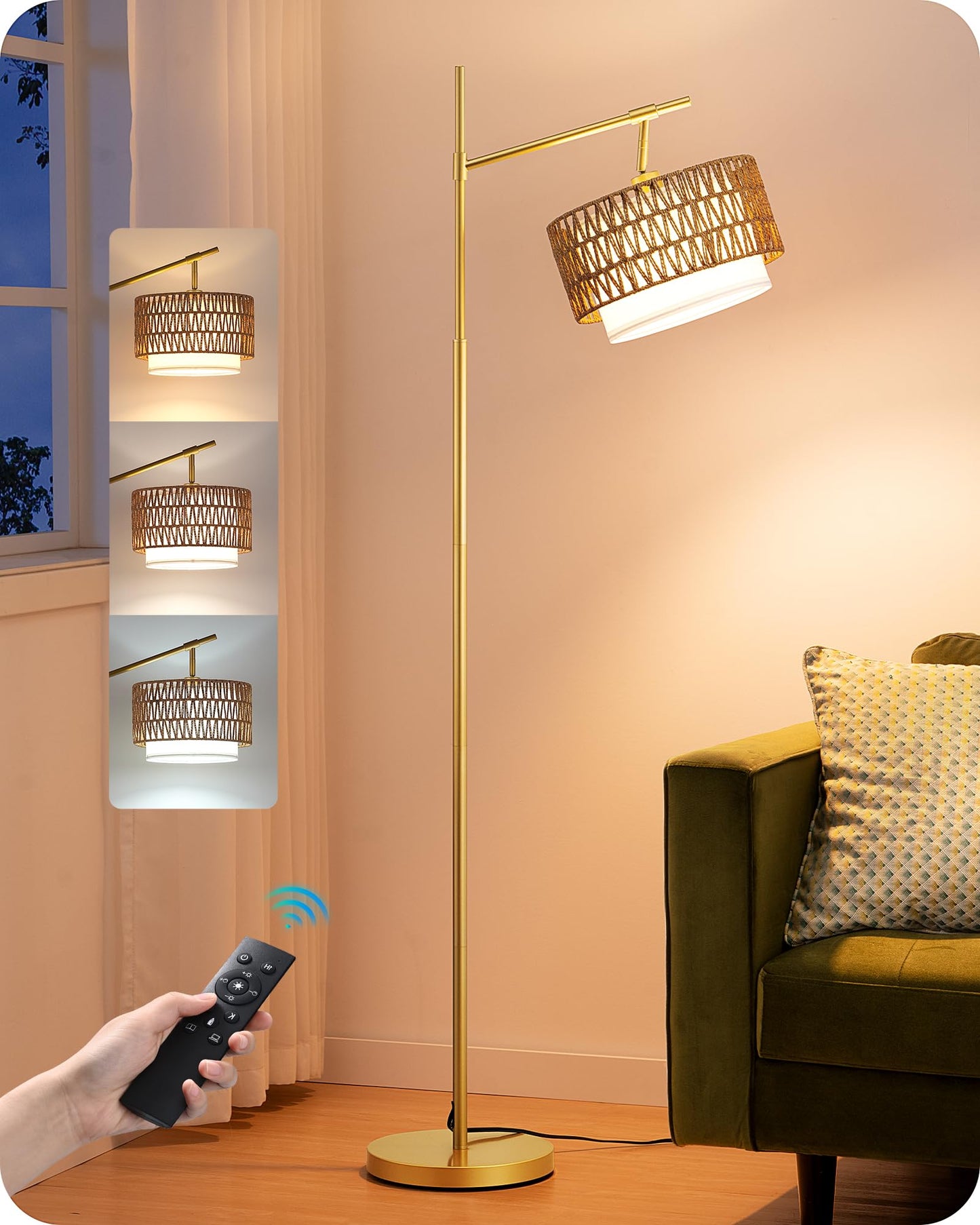 EDISHINE 64" Arc Floor Lamp with Remote, Gold Farmhouse Standing Lamps for Living Room, Rattan & Fabric Dual Shades, Dimmable LED Bulb, Foot Switch, Adjustable Head Boho Lamp for Bedroom, Nursery