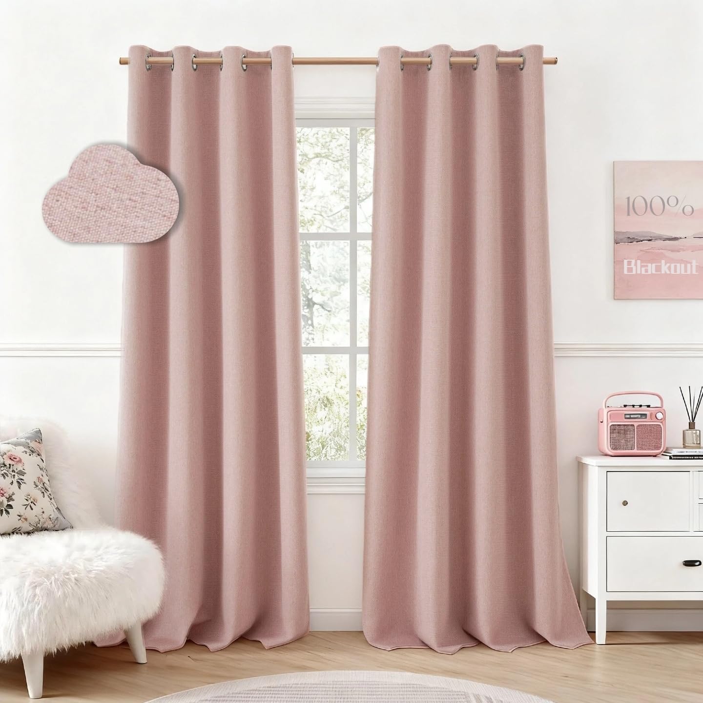 HOMEIDEAS 100% Blackout Curtains for Bedroom Blush Pink Linen Curtains 84 Inch Length 2 Panels Set Black Out Curtains for Living Room Nursery, Thermal Insulated Grommet Window Drapes