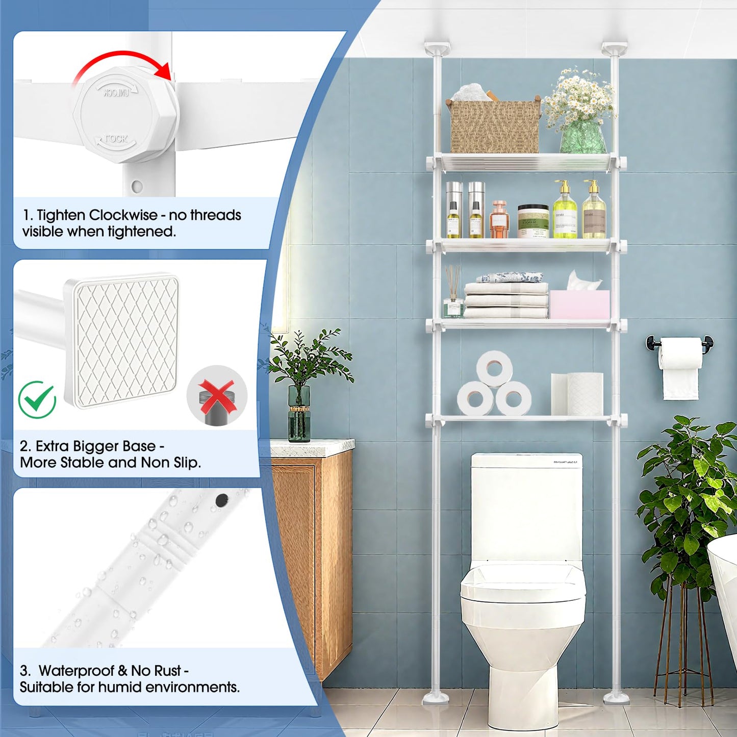 SUNALLY Over The Toilet Storage Shelf, 4-Tier Adjustable Over Toilet Bathroom Organizer,Tension-Mounted Bathroom Storage Rack for Ceilings, No Drill Space-Saving Shelving for Small Rooms, White