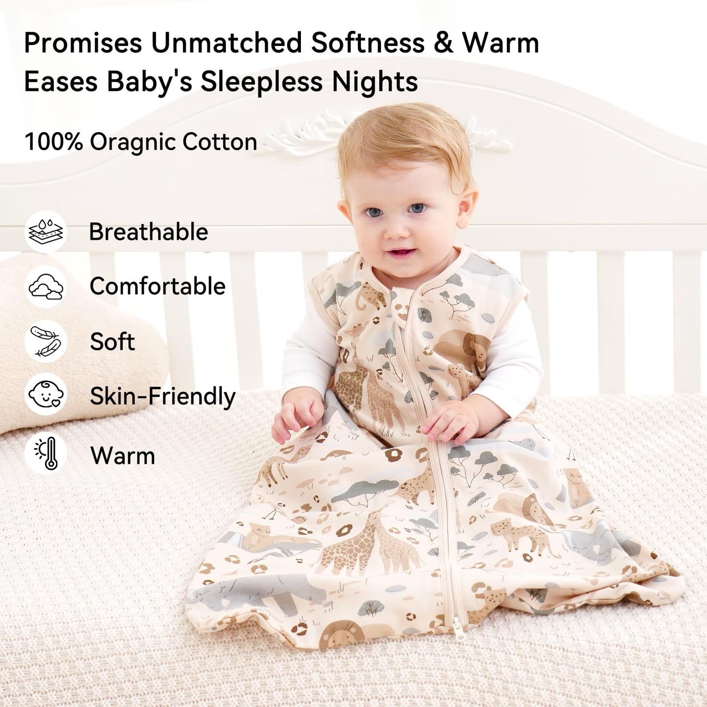 Unnivoll Baby Sleep Sack 18-24 Months 3 Pack 100% Cotton Lightweight 0.5 TOG Wearable Blanket Baby Sleep Bag with 2-Way Zipper for Newborn Infant Apricot Gray Green Elephant