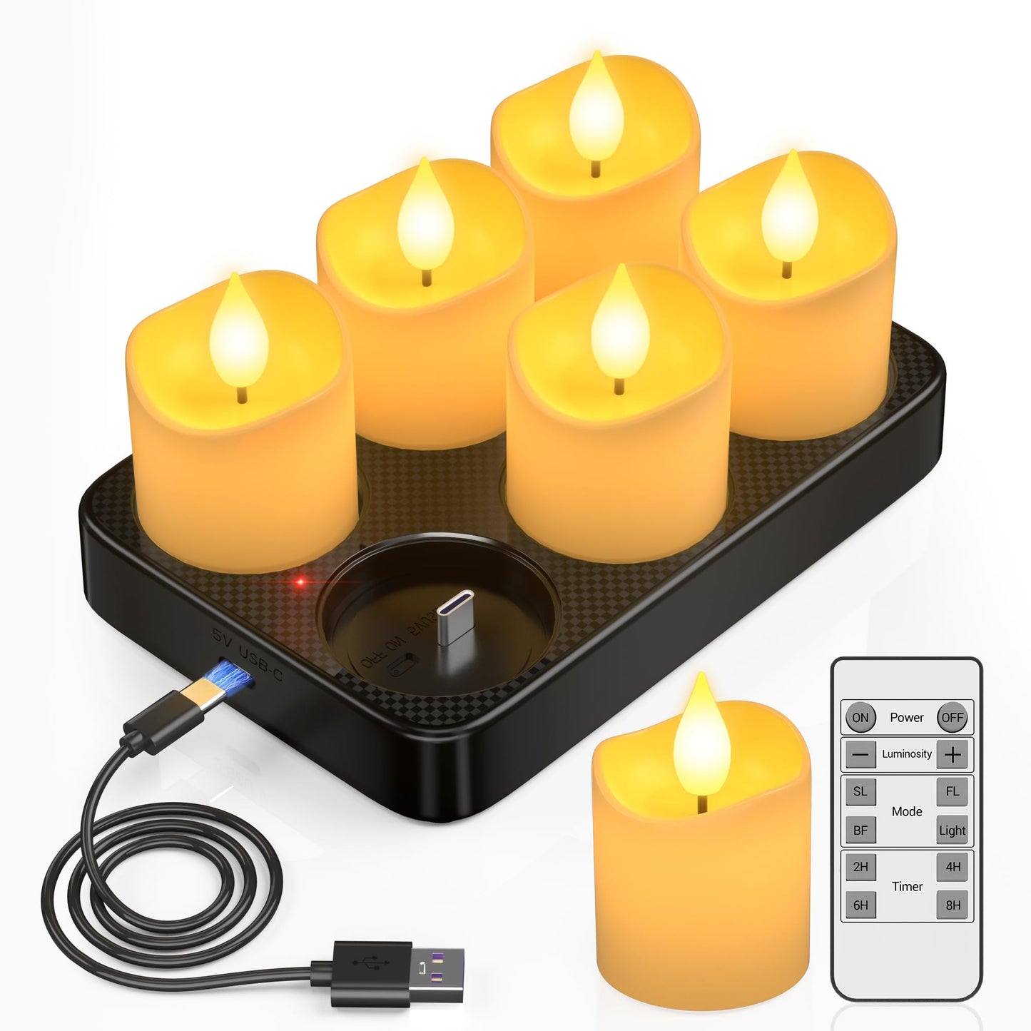 PChero Rechargeable Flameless Candles Flickering with Remote Timer & Charging Base, 6 pcs USB Battery Operated LED Tea Lights Small Votive Candles for Weddings Lantern Christmas Home Room Decor