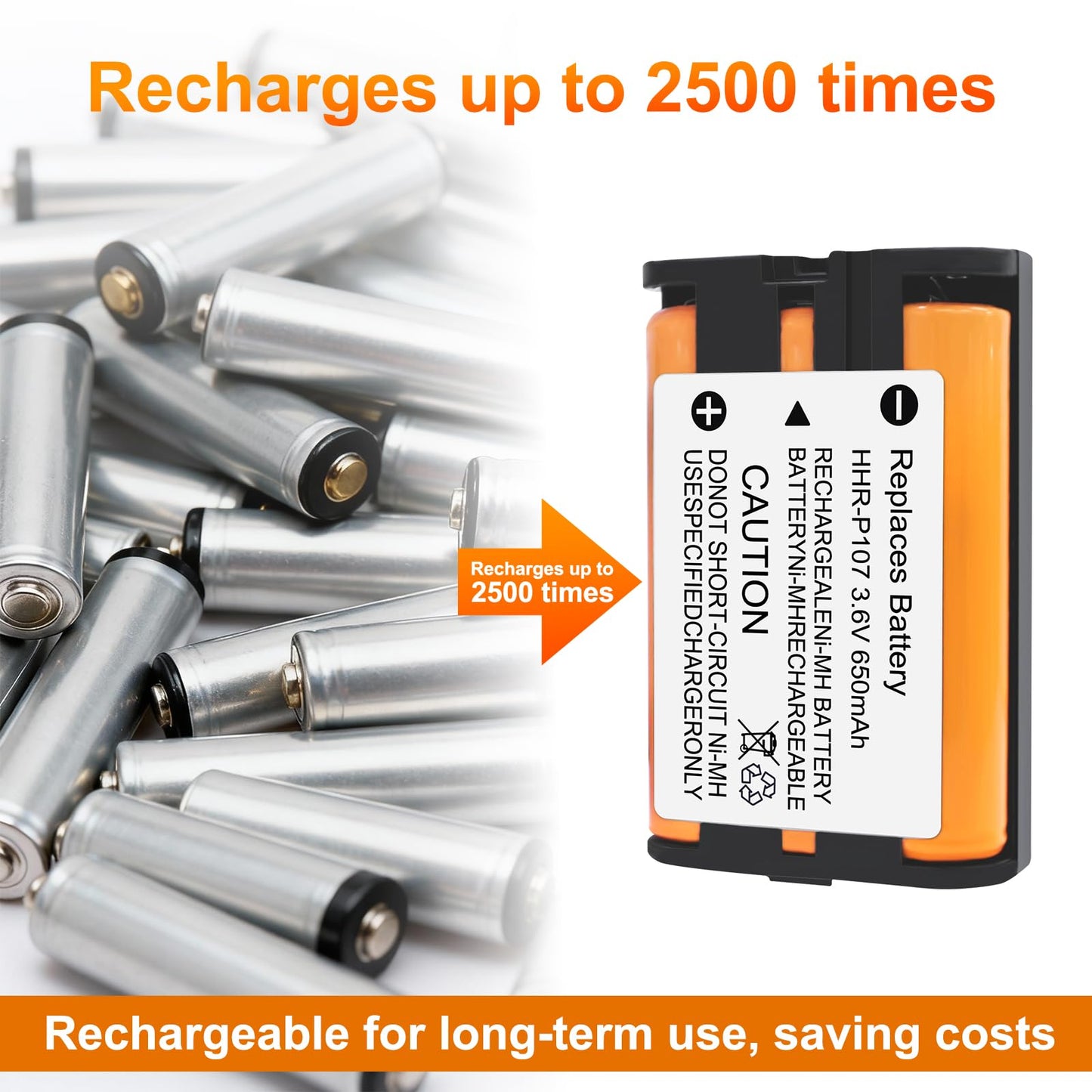 2 Pack HHR-P107 NI-MH Rechargeable Battery for Panasonic 3.6V 650mAh Battery for Cordless Phones