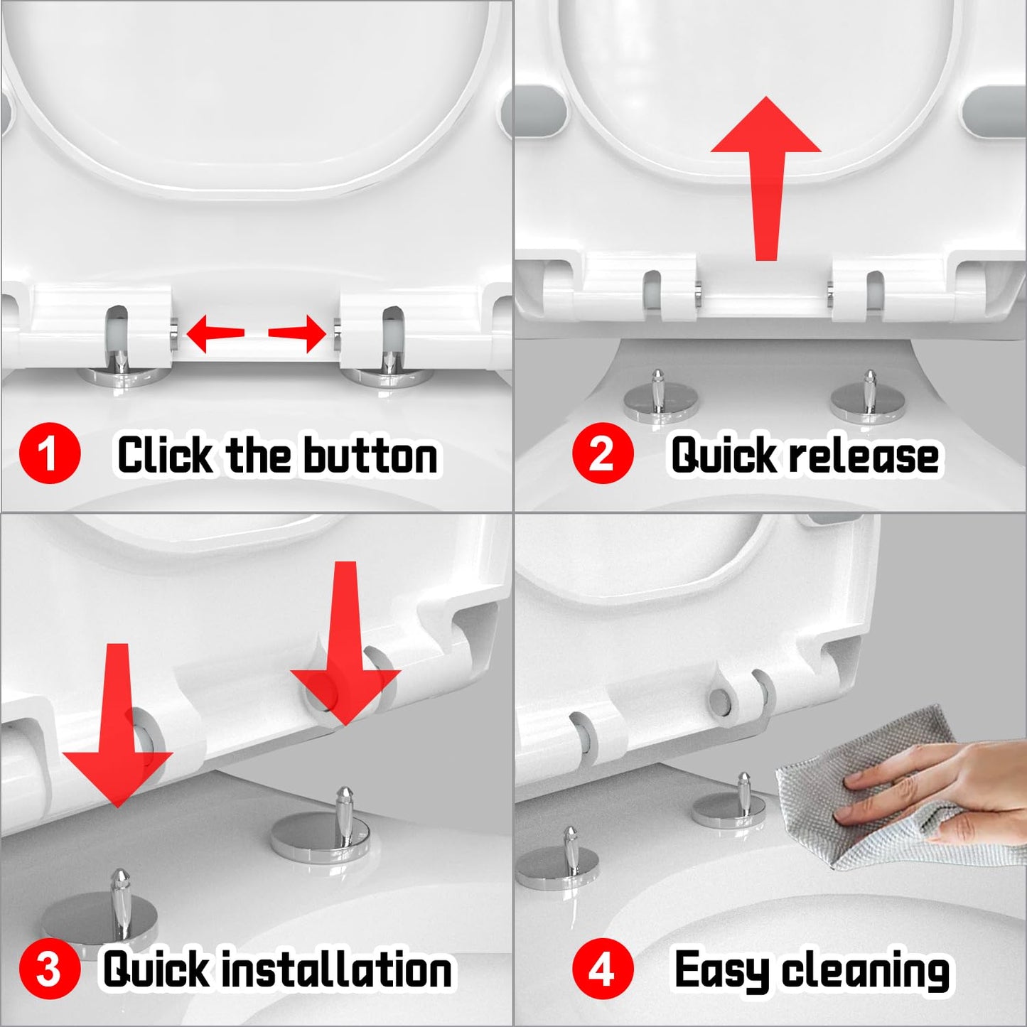 Elongated(Oval) Toilet Seat, Quick-Attach Hardware Metal Hinges, Heavy Duty, Slow Soft and Quiet Close, Durable and Sturdy, Easy to Clean, Fits Elongated(Oblong) Toilets, White(18.5″)