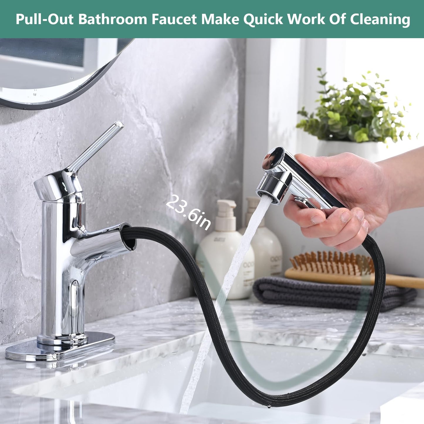 Besfelos Bathroom Sink Faucet with Pull Out Sprayer, Single Handle Modern Bathroom Basin Faucet with Pop-up Sink Drain Stopper & Deck Plate 1 or 4-inch Centerset 3 Hole, Chrome