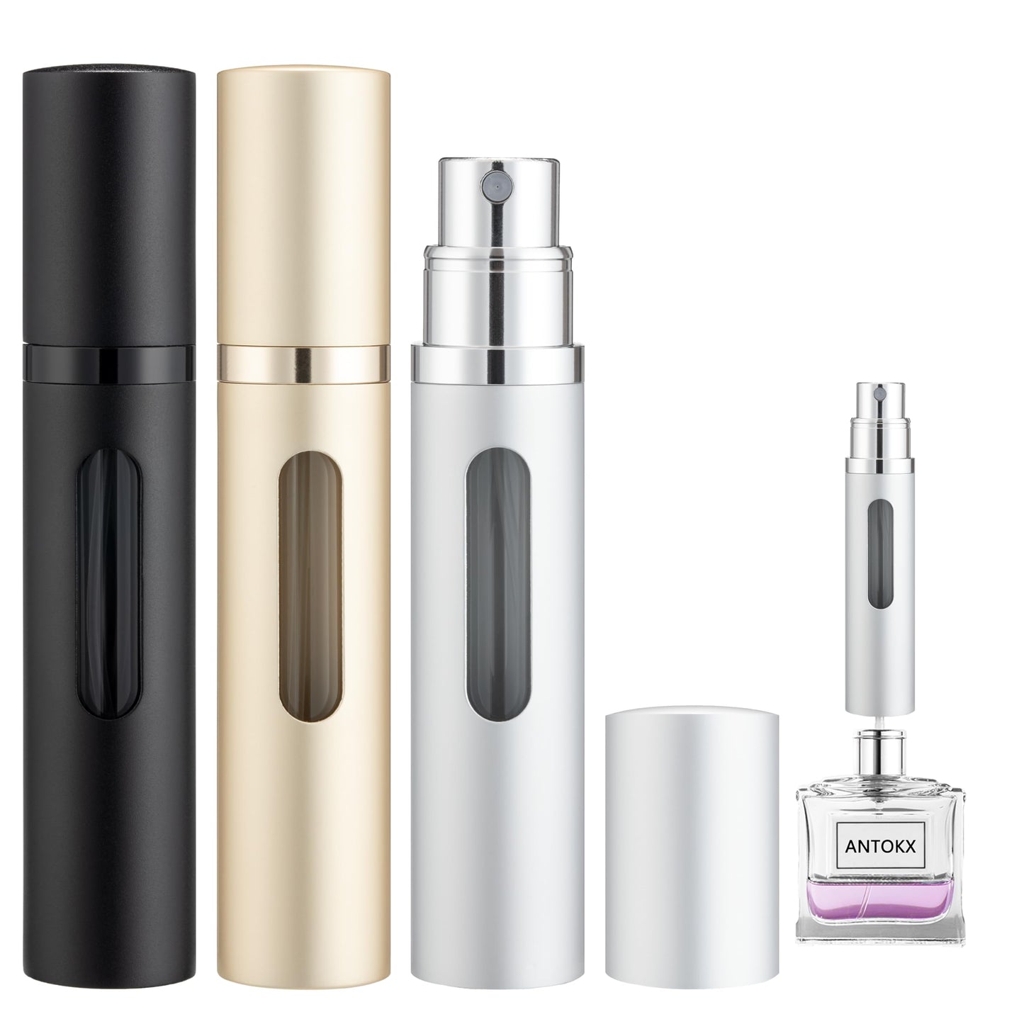 Travel Perfume Refillable Bottle Atomizer - 3-Pack 8ML ANTOKX Pocket Perfume Atomizer, Leakproof Perfume Bottle (Black & Gold & Silver)