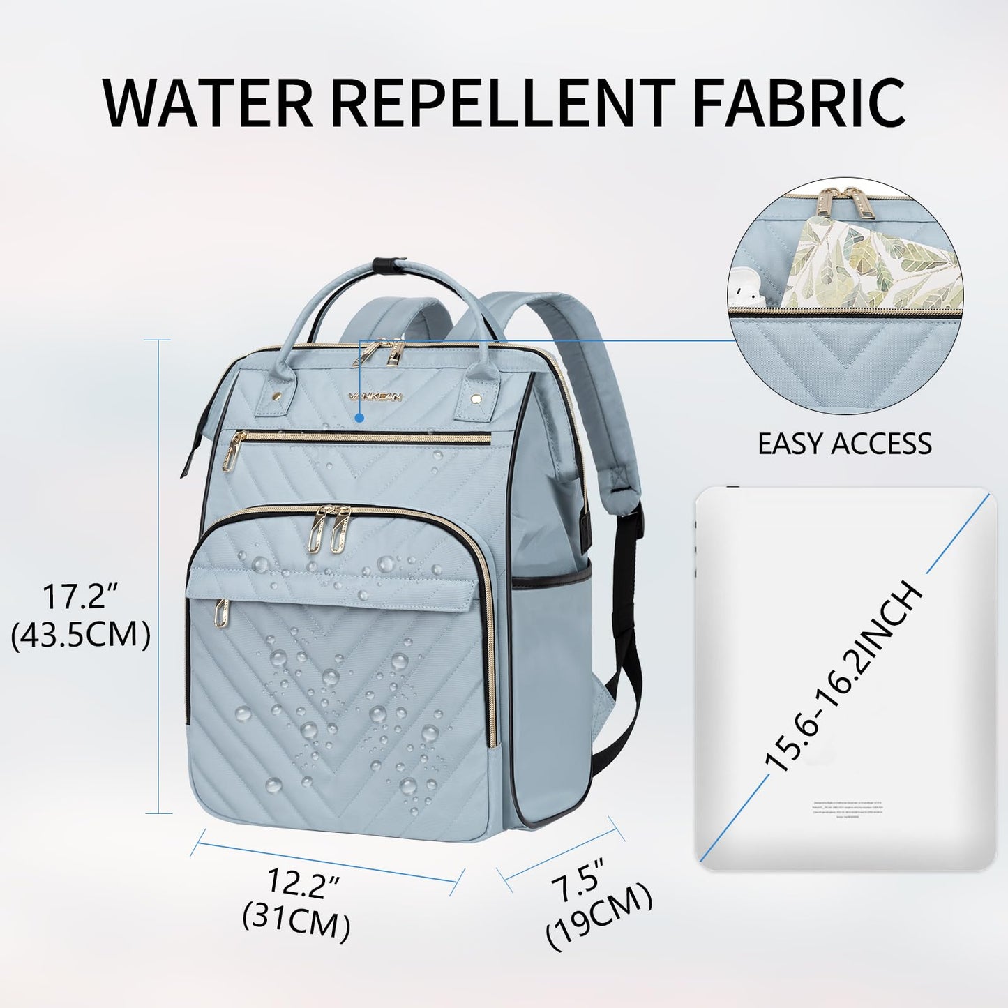 VANKEAN 17 Inch Laptop Backpack for Women Fashion Computer Work Bag, Large Capacity Waterproof, College Daypack Business Travel Backpack, Light Blue