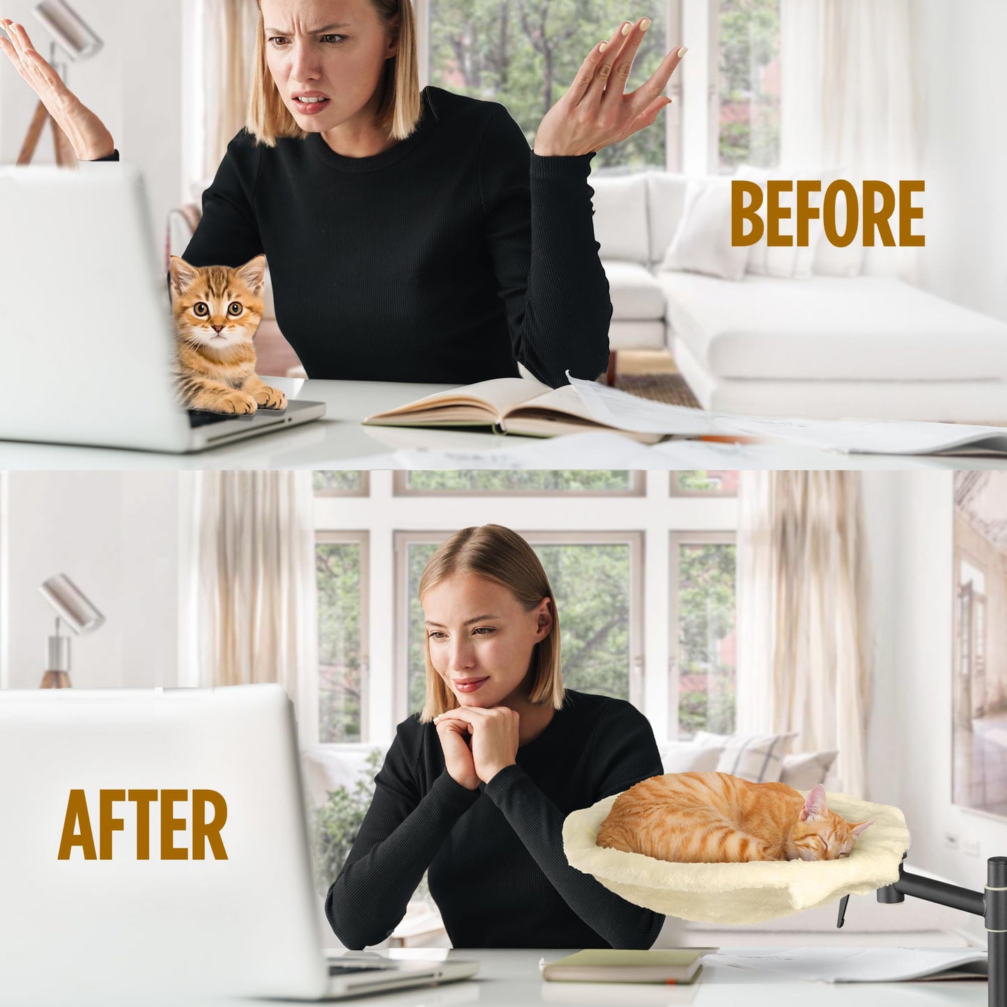 EVOMOTIVE Deskside Dreamer - Cat Desk Perch, [+ Catnip Fish Toy], Comes with [2 Washable Fabrics]: Mesh and Plush, 360° Rotating & Height Adjustable [Beige]. Max Weight 35LBS