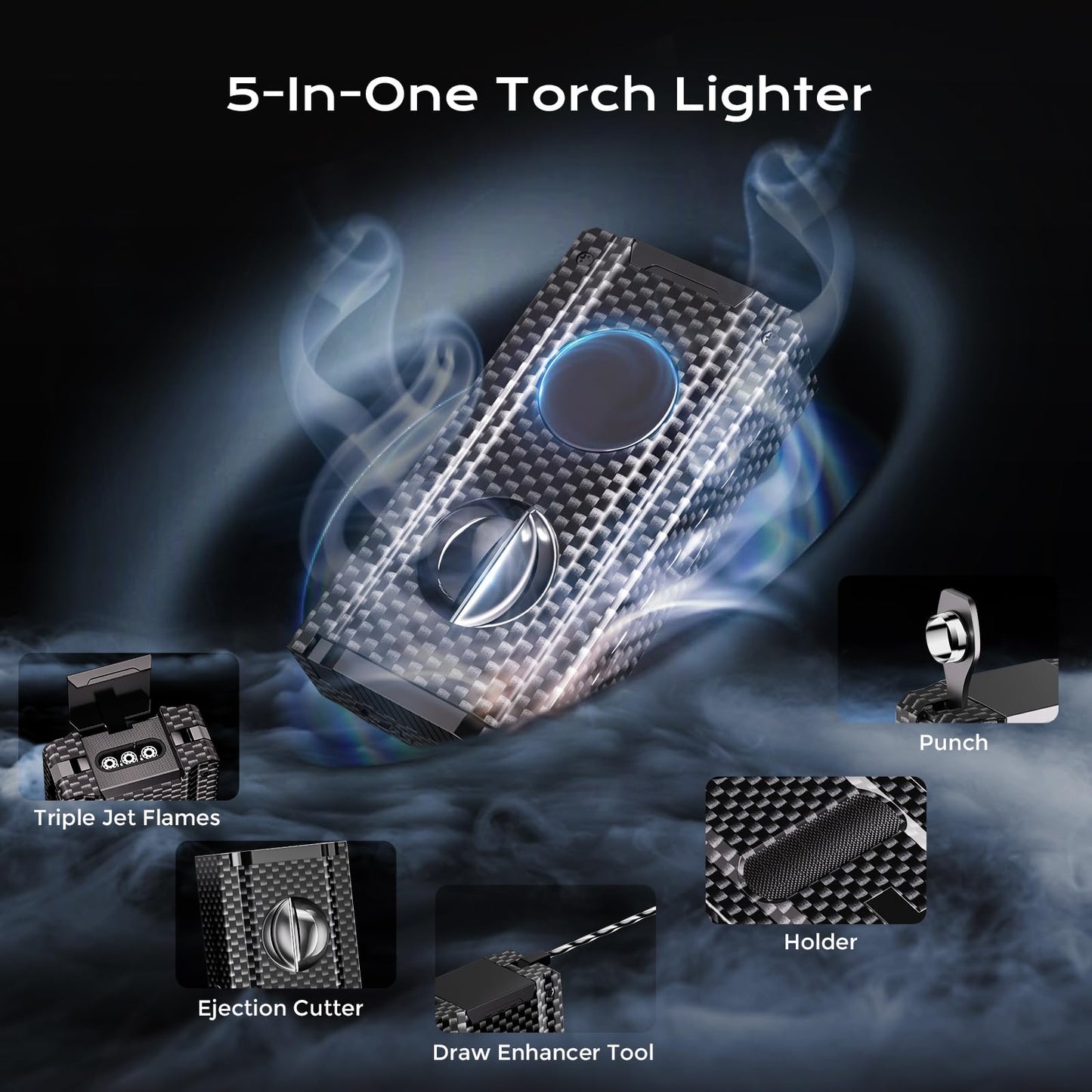 5-in-one Cigar Lighter with V-Cut Cigar Cutter, Cigar Punch, Cigar Draw Enhancer, Cigar Holder, Refillable Butane Triple Windproof Flames Torch Lighter, Cigar Accessories Tool, Cigar Gifts for Men