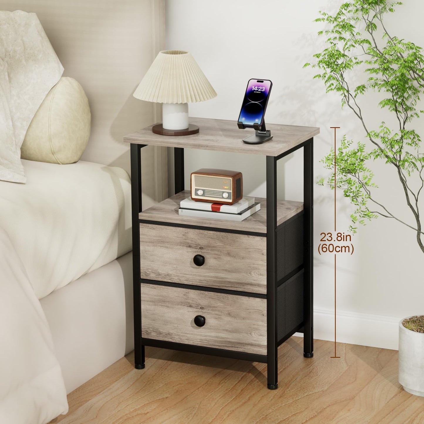 LOAKEKEL Night Stand, Bed Side Table with 2 Fabric Drawer for Living Room, Nightstand with Large Storage Space, End Table with Shelf for Bedroom, Grey, HETS002GY-1