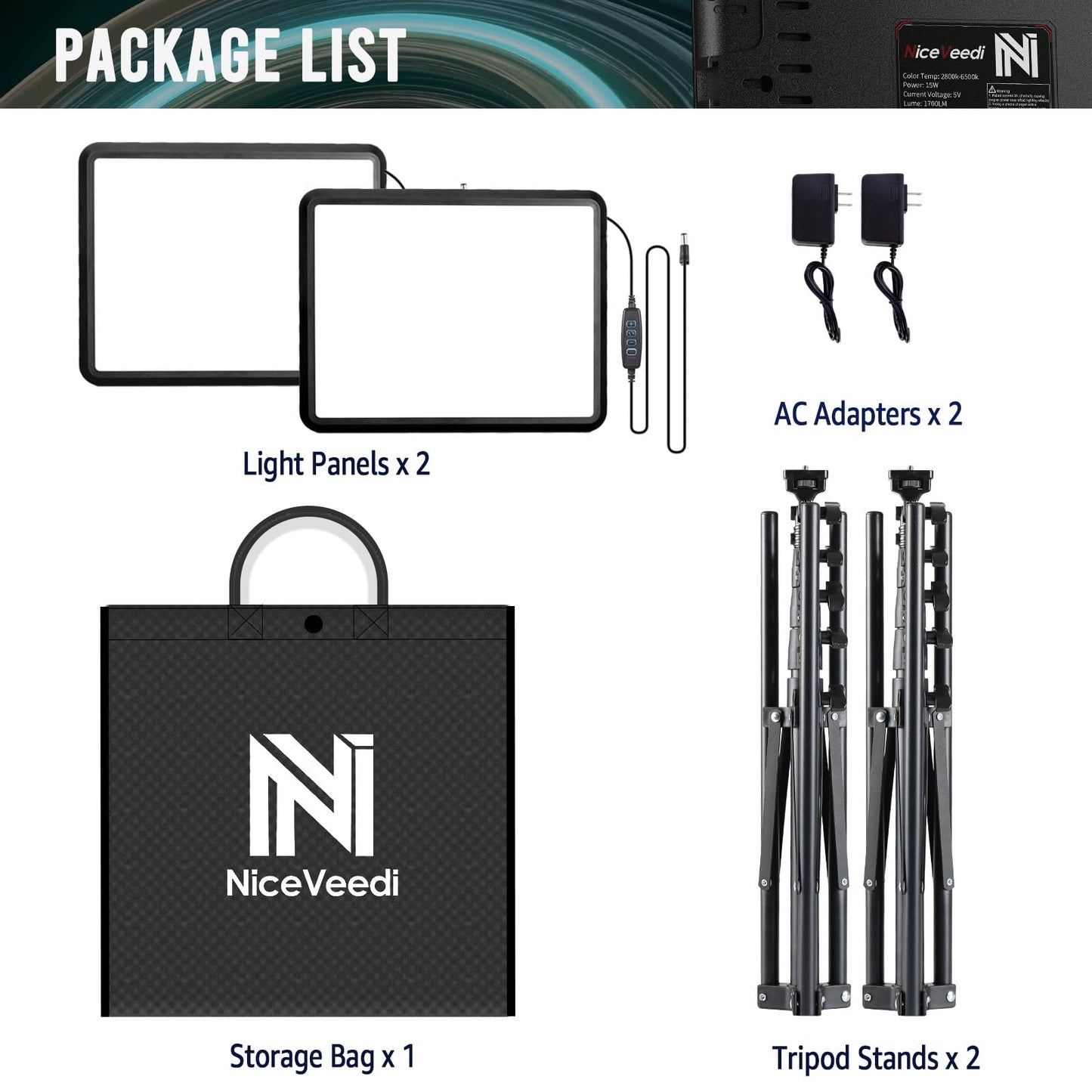 2-Pack LED Video Light Kit, NiceVeedi 2800-6500K Dimmable Continuous Photography Lighting with Tripod Stand & Phone Holder, 63” Studio Light for Video Recording, Shooting, Game Streaming, YouTube