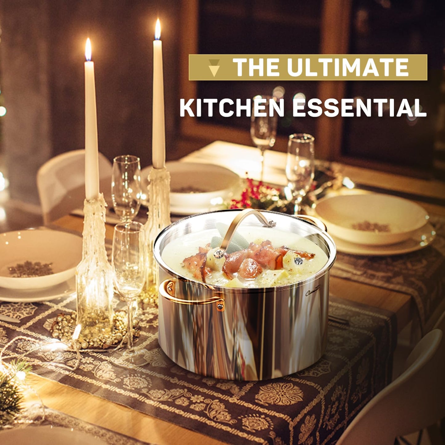 Ciwete 8 Quart Stock Pot, 3 Ply Stainless Steel Cooking Stock Pot with Lid, 8 QT Soup Pot with Copper Handle, Healthy Stockpots, Induction, Oven, Gas and Dishwasher Safe