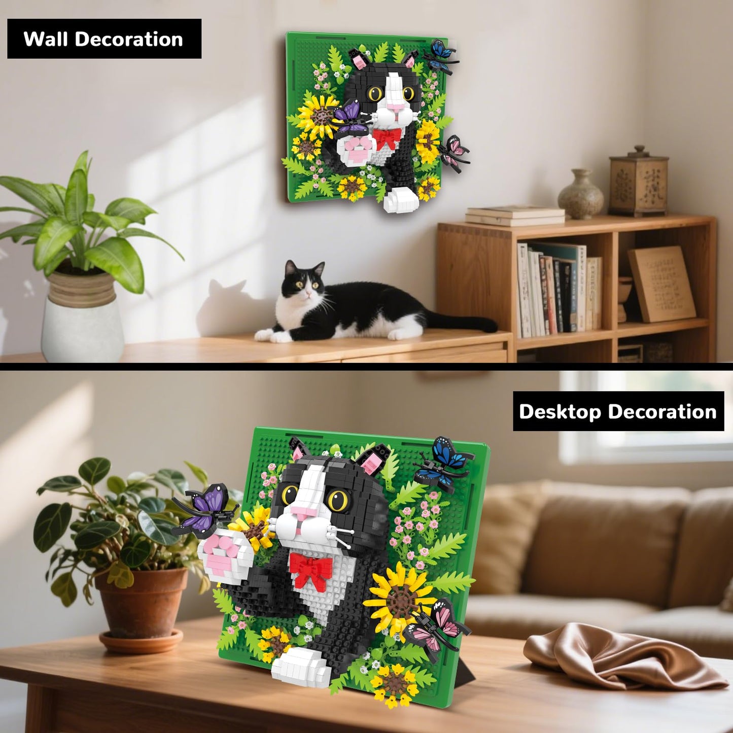 Flowers Tuxedo Cat Animal 3D Wall Art Micro Mini Building Blocks Set, Unique Home Wall Decor or Table Display, No Compatible with Lego, Ideal Gift Toy for Adults & Boys Girls 14+ (1402 PCS)