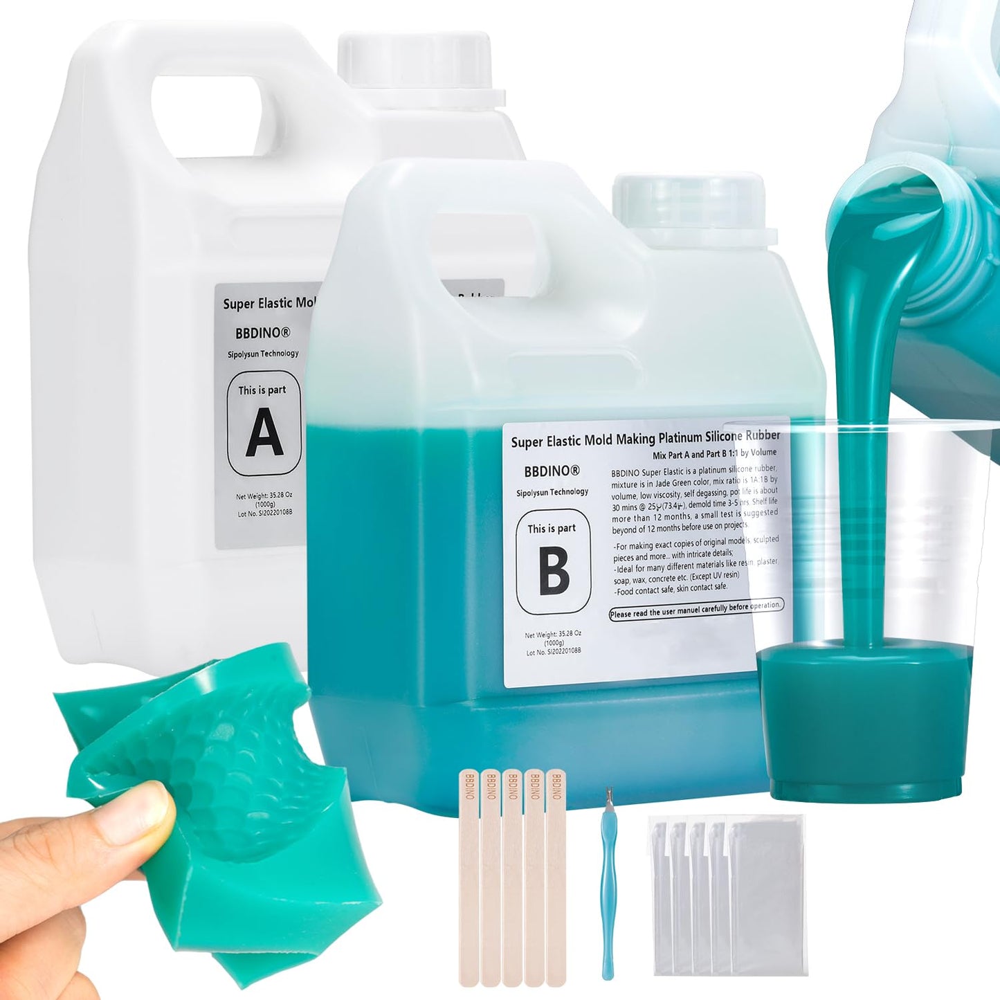 BBDINO Super Elastic Silicone Mold Making Kit 70.6 Oz, Liquid Silicone for Mold Making, 1:1 Mixing by Volume Ideal for Casting 3D Resin Molds| Silicon Molds Jade Green