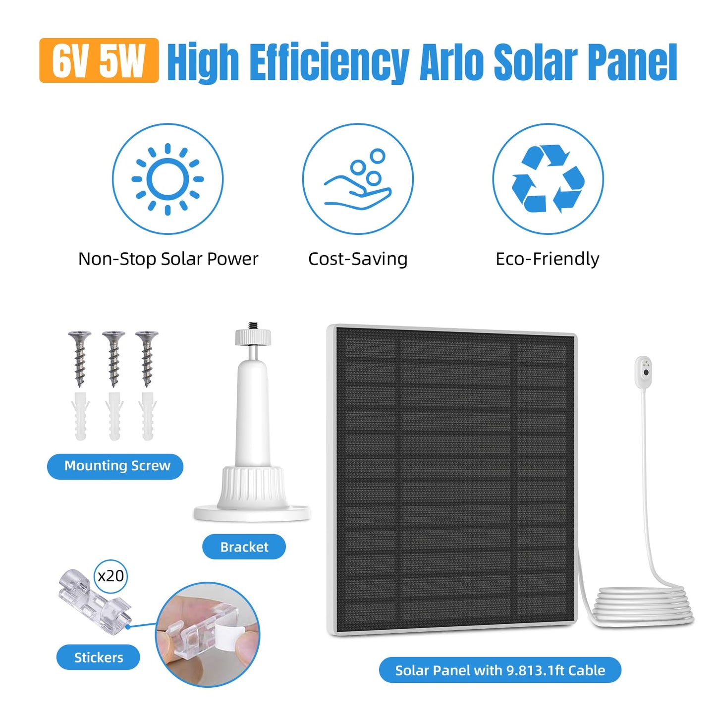 Arlo Solar Panel for Arlo Pro 3 Camera/Arlo 4/ Pro 3 Floodlight/Pro 5S/ Arlo Ultra 2,IP67 Waterproof for Continuous Power Supply in The Outdoor - 13.1ft Magnetic Connection Port