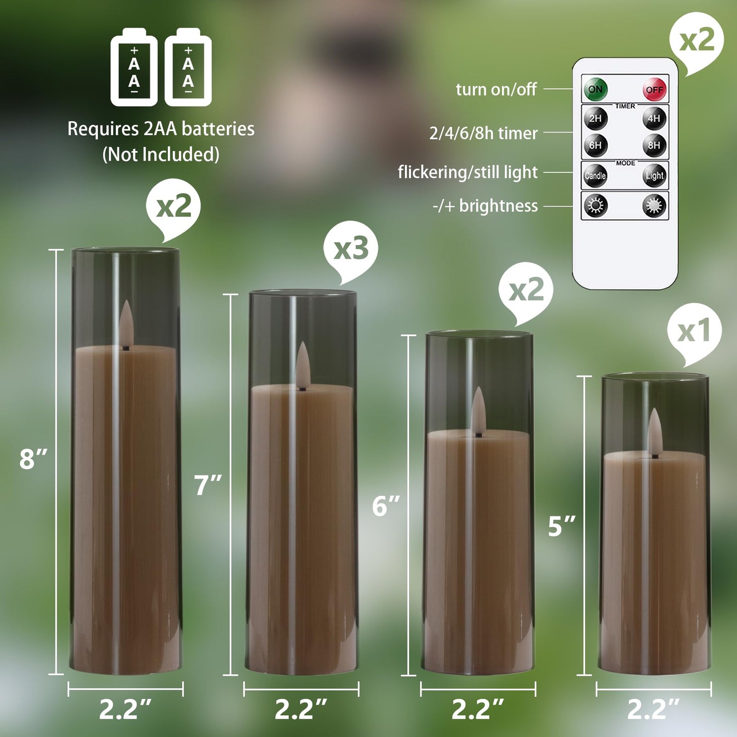 Wroxipel Pack of 8 Acrylic Flameless Flickering 2.2" x5" 6" 6" 7" 7" 7" 8" 8" Grey Plastic Candles with Remote, LED Battery Operated Cycle Timer Bulk Long Lasting Realistic Pillar Candles