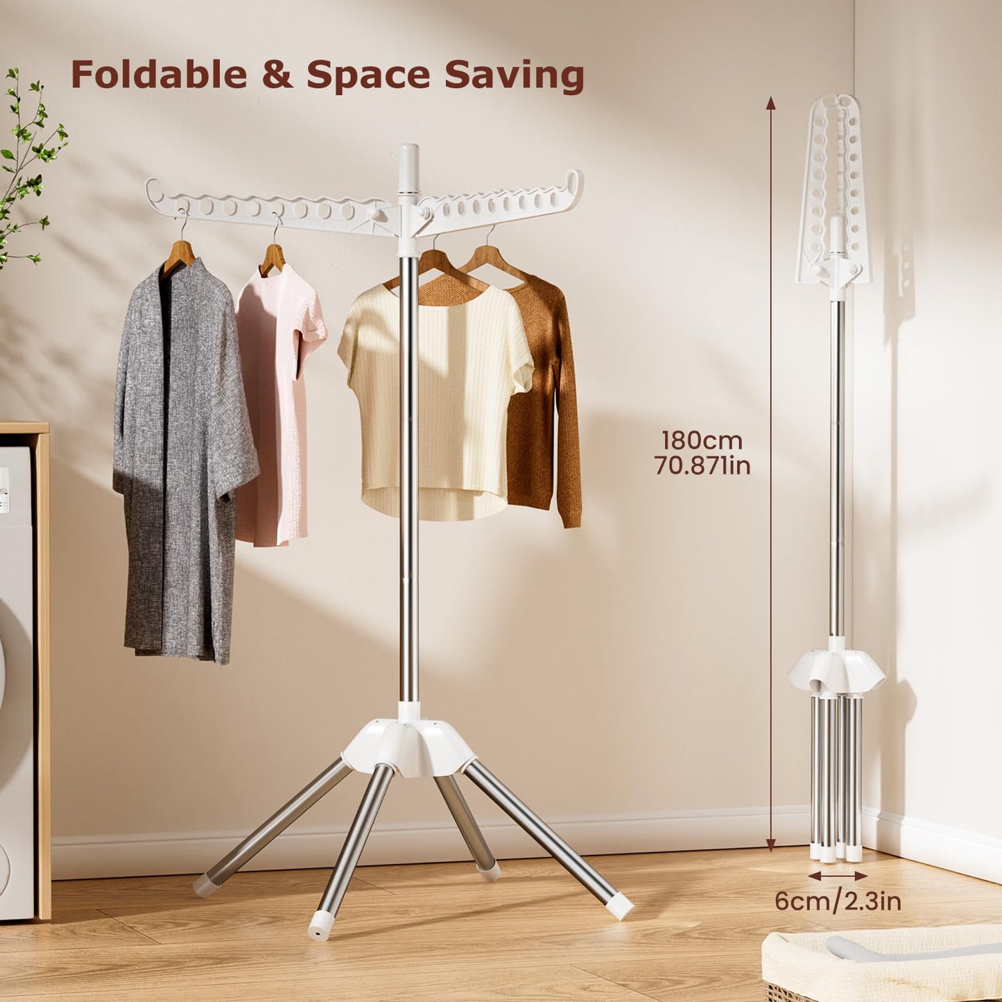 Abiglifty Clothes Drying Rack, 60-Inch Foldable and Rotatable Clothes Drying Rack, Folding Laundry Rack with 3 Rotatable Arms, Free Standing Laundry Racks for Indoor or Balcony Use, 154 cm H, White