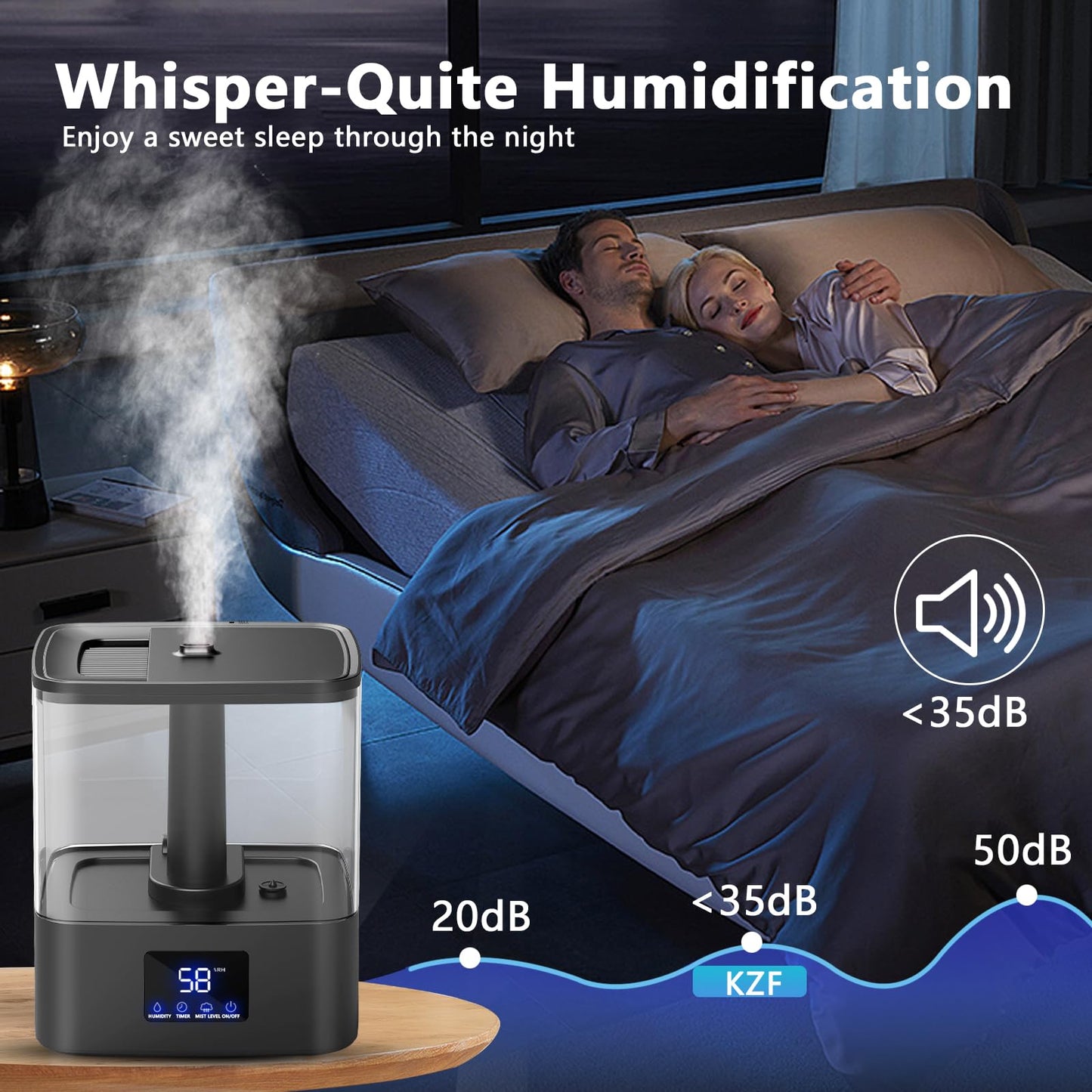 KZF Top Fill Humidifiers for Bedroom & 60H Runtime - Cool Mist Humidifier, 3 Mist Levels, 8H Timer, Essential Oil Tray, Humidity Display, Quiet for Bedroom, Baby, Plants, Large Room (4L)