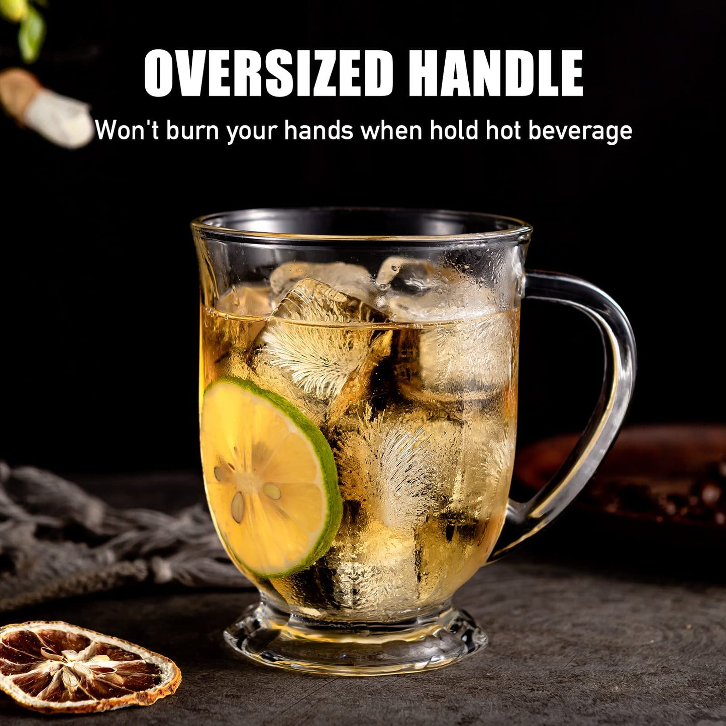 NBABSR 16 OZ Clear Glass Large Coffee Mugs Set of 4,Big Beer Cups with Handle,Bottom Nine-Sided Diner Mug for Men and Women for Hot Beverages,Tea, Cappuccino, Latte, Espresso, Juice Mothers